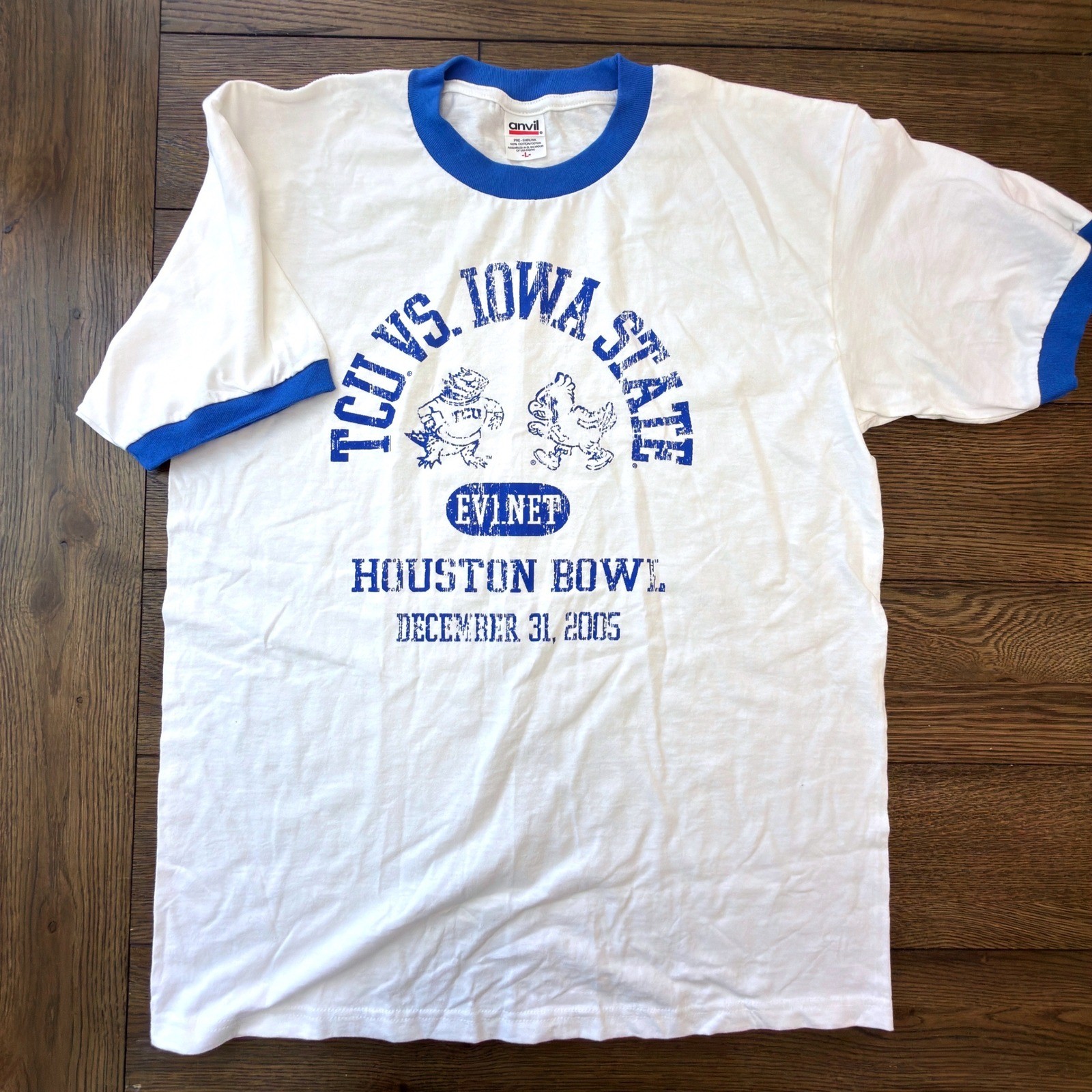 NEW Vintage Anvil TCU vs Iowa State 2005 Houston Bowl Ringer TShirt White Blue L