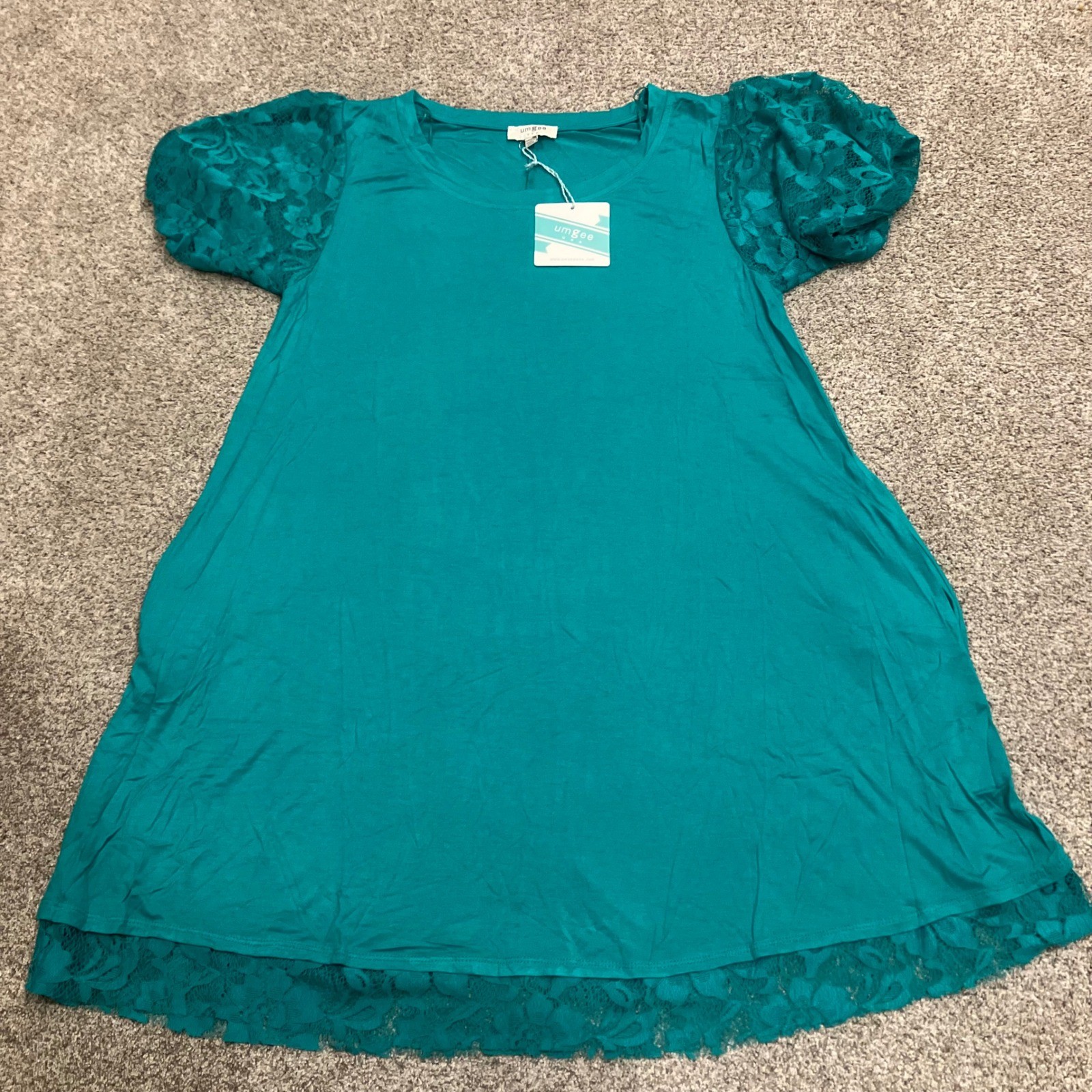Umgee USA Teal Green Lace Puff Sleeve Dress Pockets NEW Small Cottagecore Boho