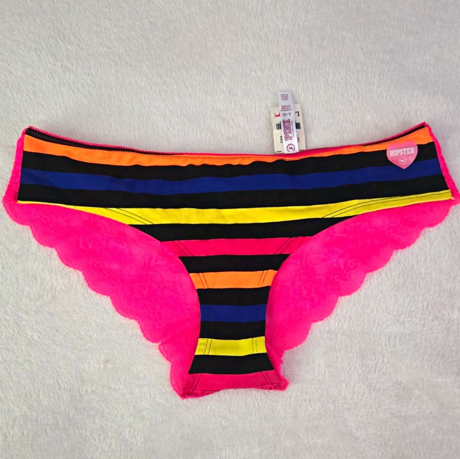 NWT Vintage VS PINK 2011 Stripe Pink Lace Trim Hipster Panty Rare Collector L