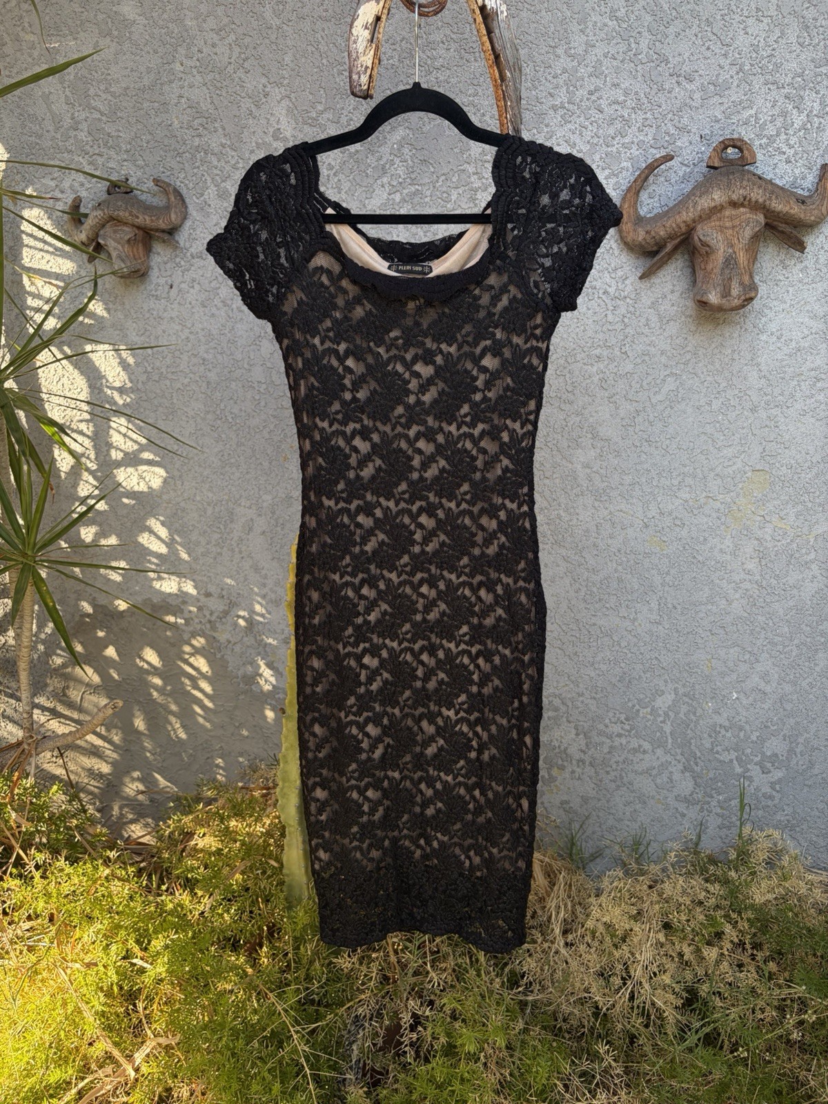 Vintage Plein Sud Black Lace Dress Nude Lining Bodycon Midi Y2K Size 12 / IT 48
