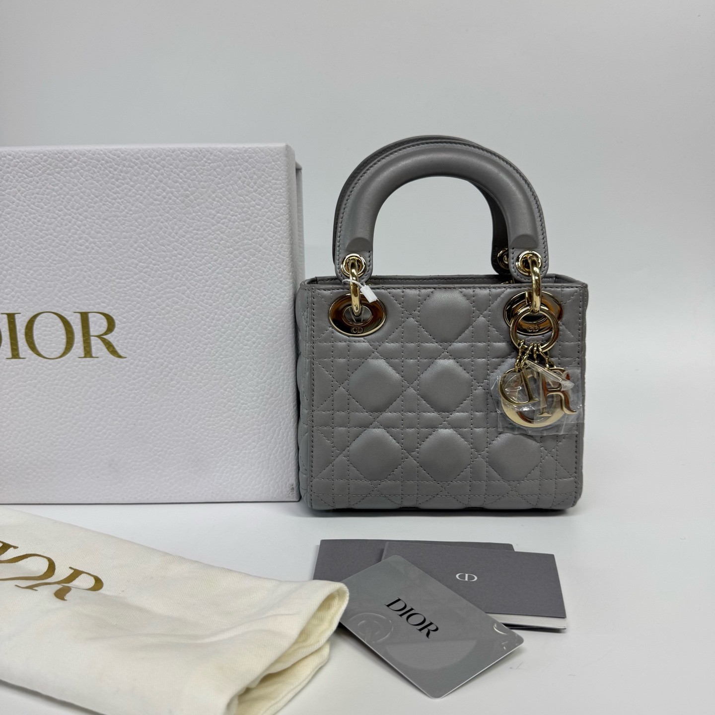 Christian Dior Mini Lady Dior 3 Cannage Pearlescent Grey Lambskin Missing Strap