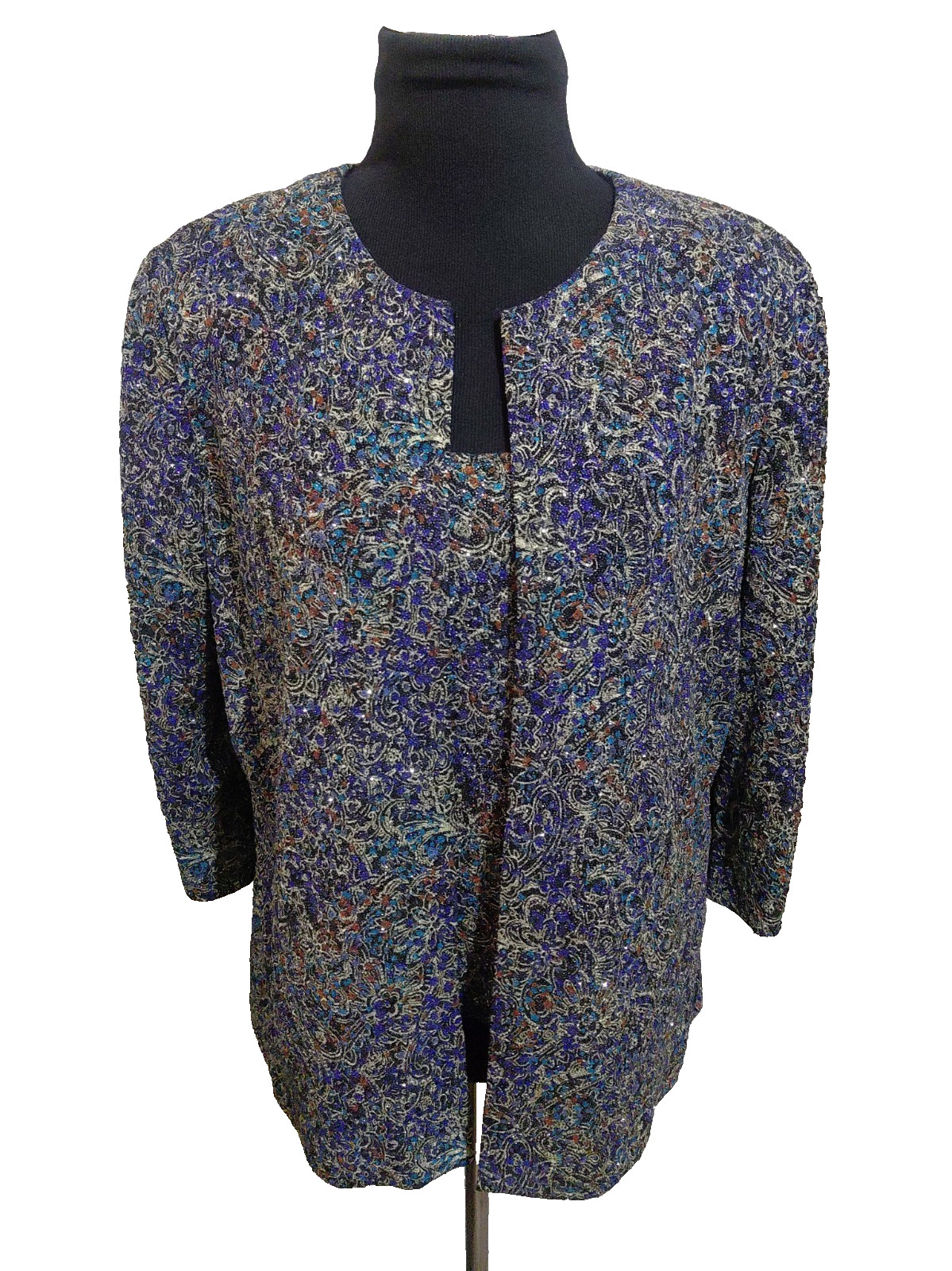 Vintage Alex Evenings 2 Pc Top/Open Jacket Black Blue Paisley Glitter SZ PXL