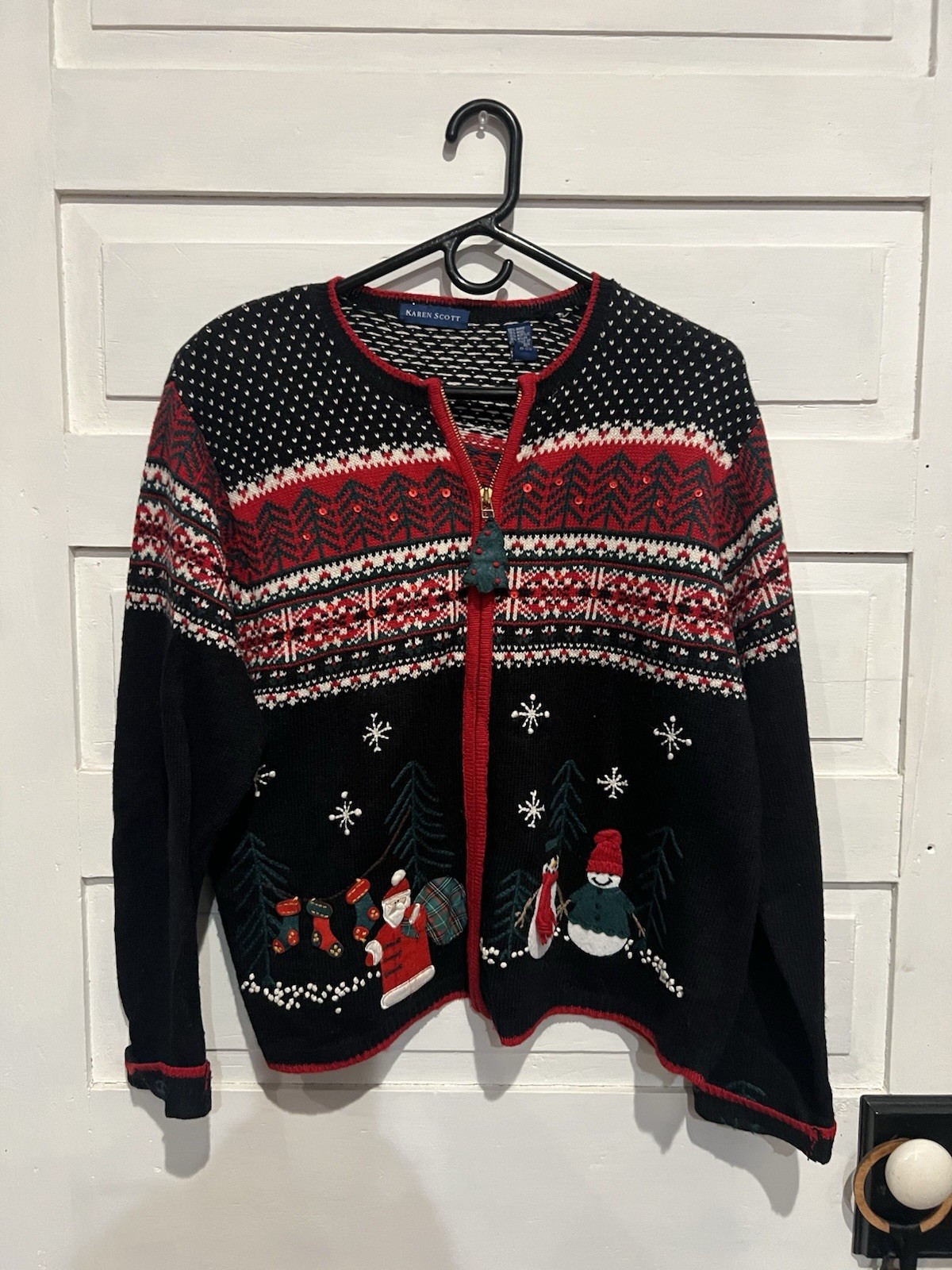 Vintage Christmas Zip-Up Cardigan - Karen Scott XL Festive Sweater