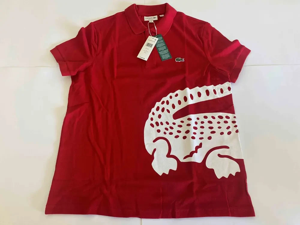 Lacoste Men\'s Short Sleeve Jersey Regular Fit Polo Shirt, Red, M ALIGATOR PRINT