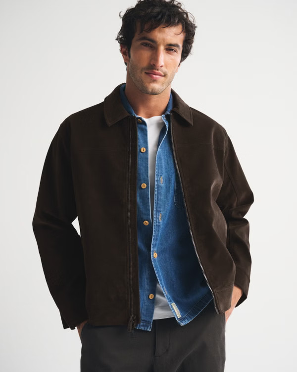 Sale Abercrombie & Fitch Men\'s Easy Vegan Suede Zip Trucker Jacket Brown