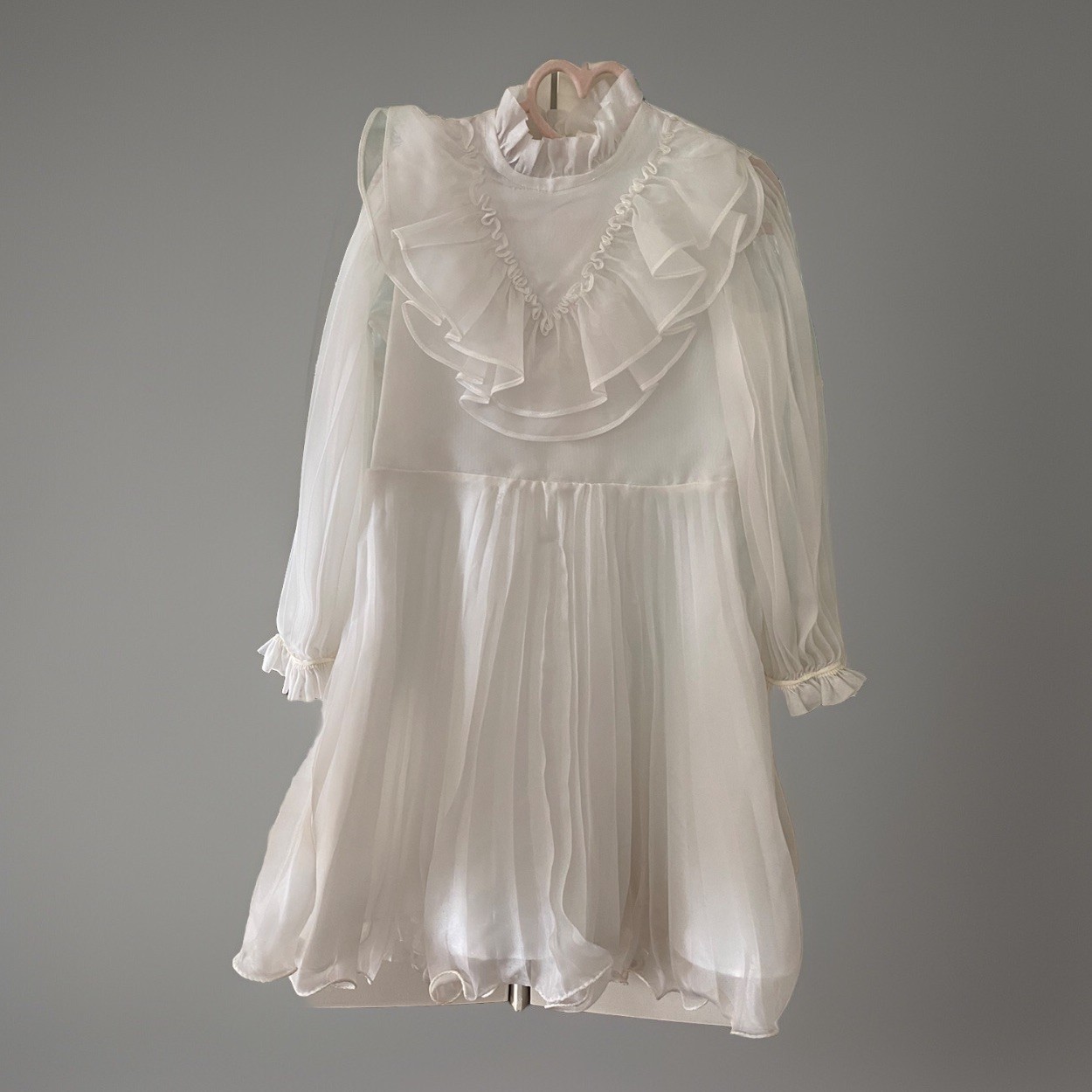 VTG Merry Girl Party Dress Girl\'s White Lace Dress Sz 7 Sheer Ruffle Pleated
