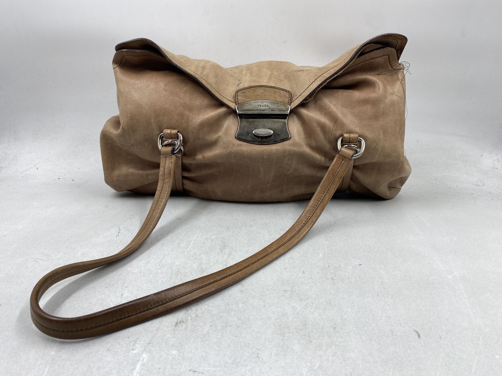 Vintage Prada Tan Leather Buckle Shoulder Bag Large Silver Hardware