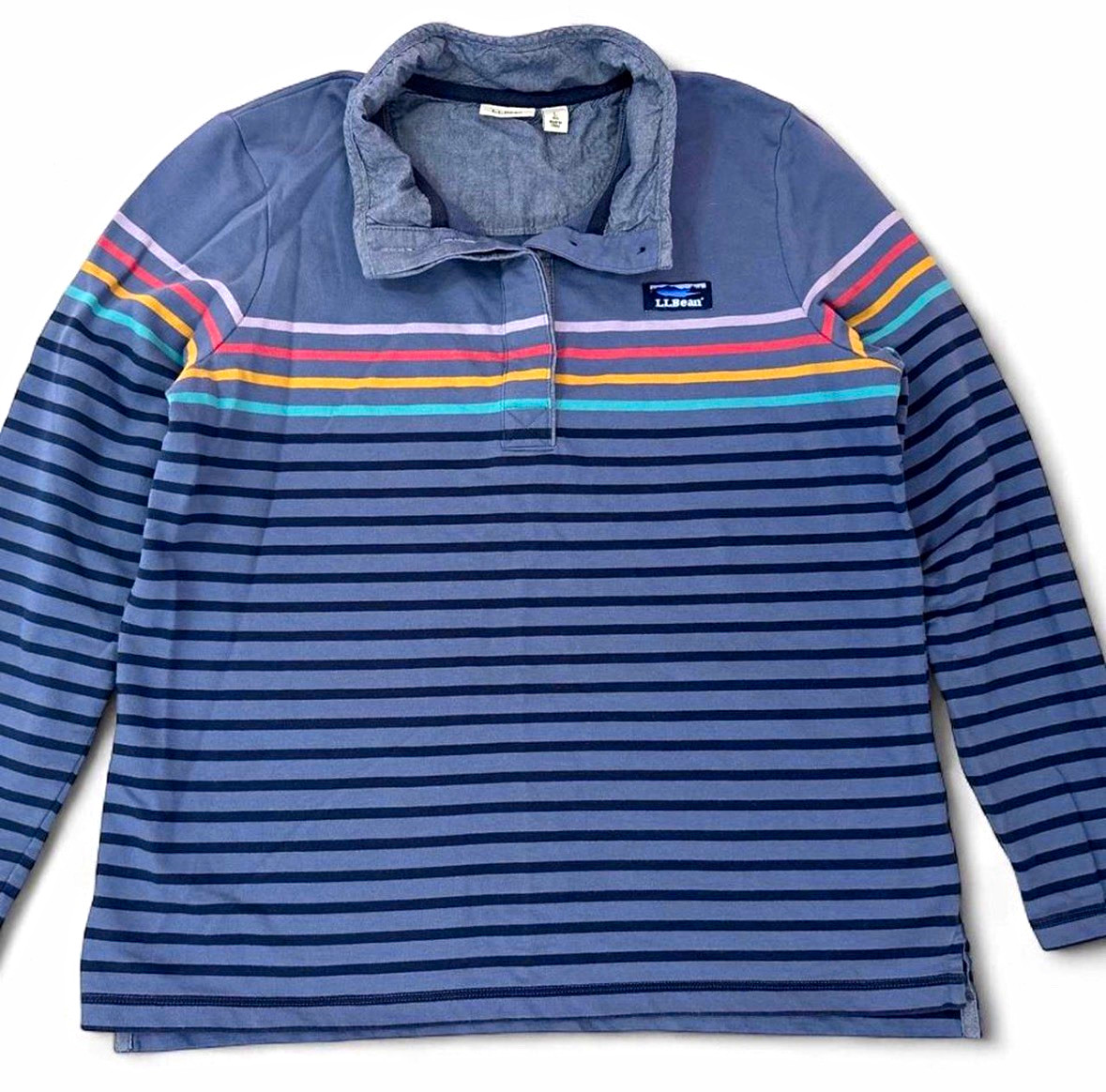 L.L.Bean Women’s Blue Striped Collared Long Sleeve Zip Pullover Cotton Knit L