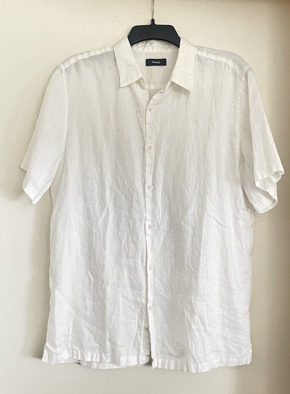 Theory Men White Linen Short Sleeve Shirt Size Medium