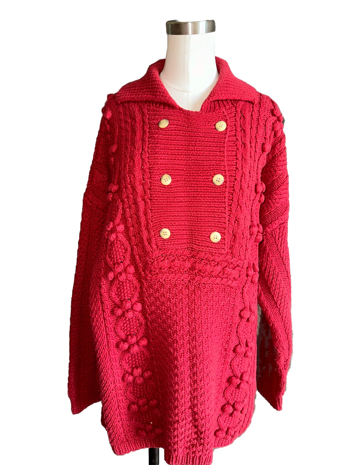 Vintage Gaeltarra Ireland Red Cotton Cable Knit Sweater Medium Irish Chunky 
