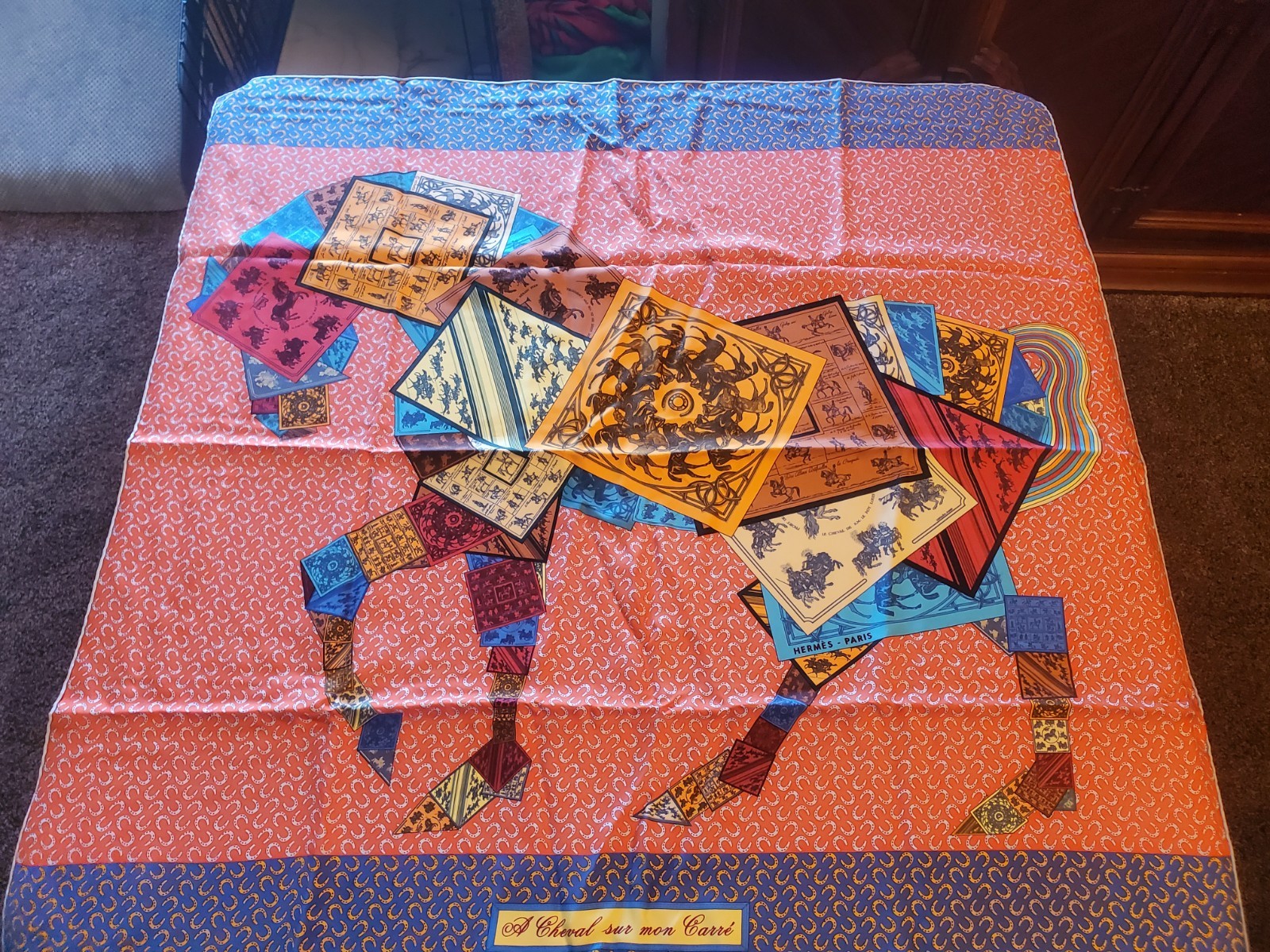 Hermes Silk Scarf 35” Carre 90cm “ A Cheval Sur Mon Carre”