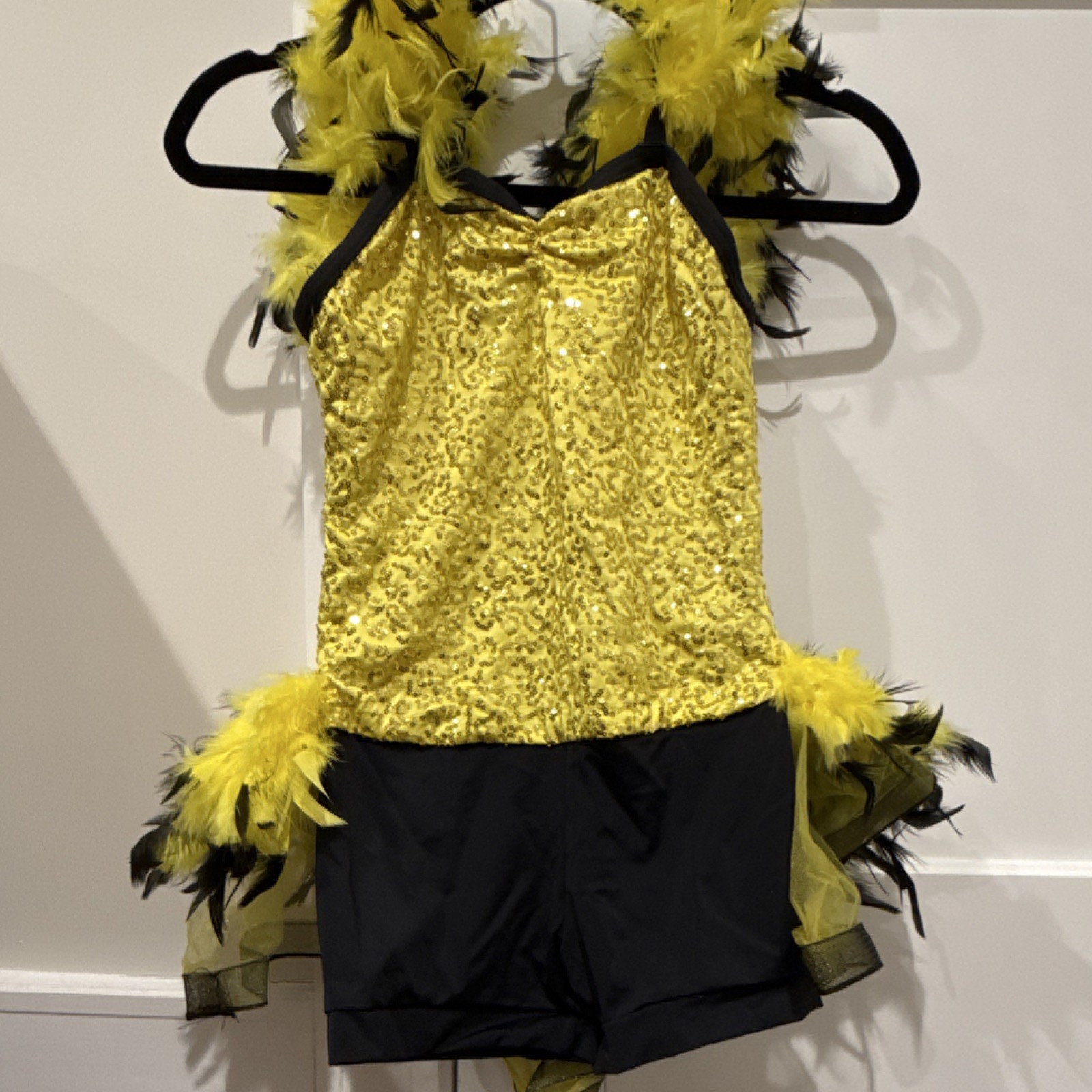 Weissman Dance Costume Yellow And Black Feathers, Sequins , Tutu With Headpiece 
