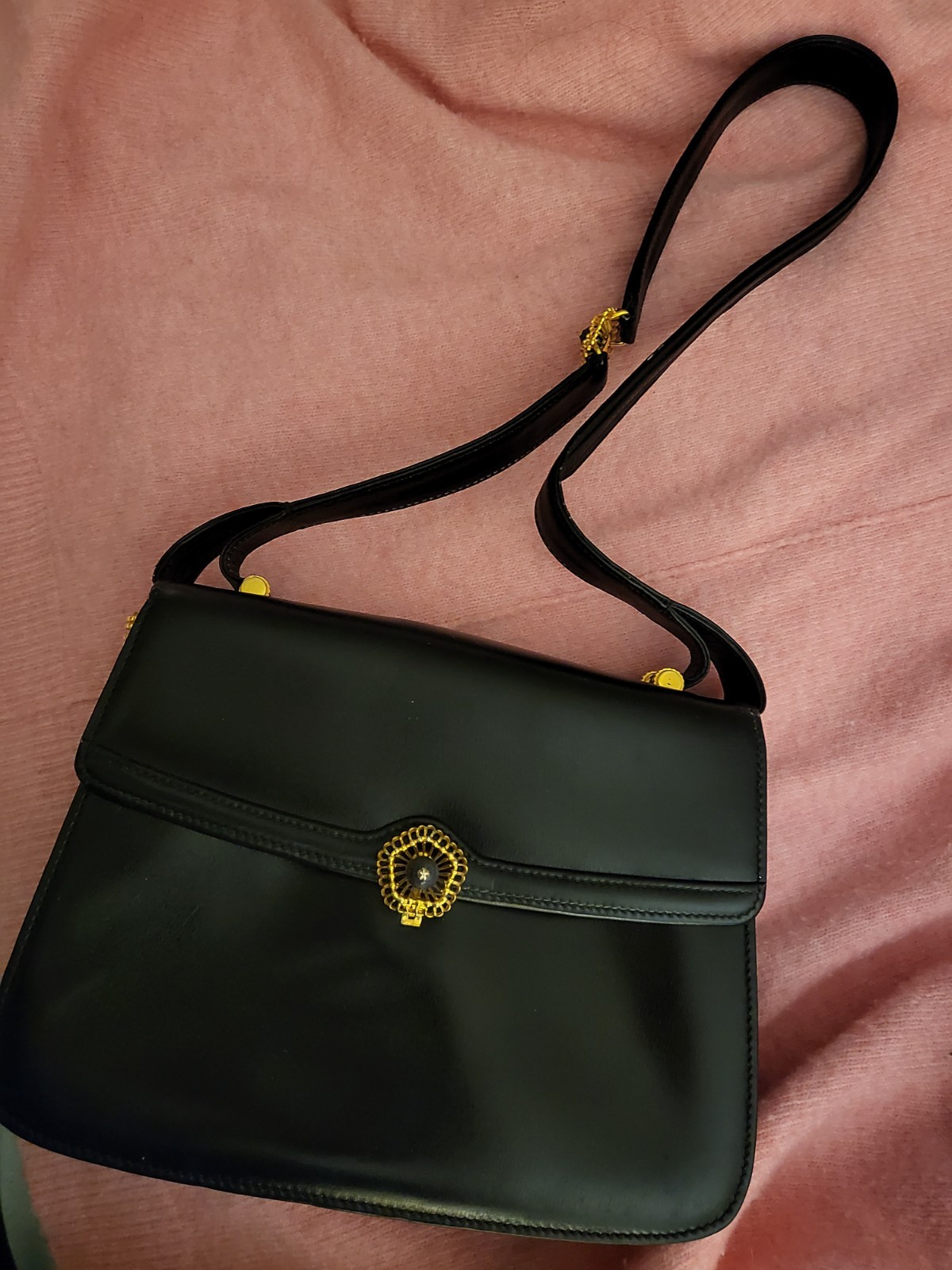 Rare Vintage 1960s GUCCI Black Leather Shoulder Bag Gemstone Filigree Clasp Cres