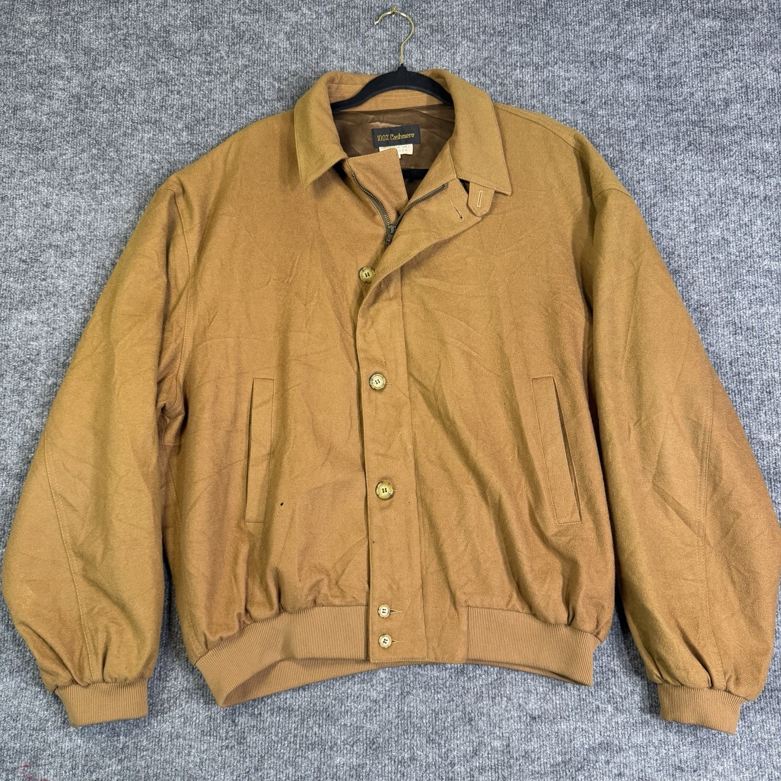 Vintage H Stockton Bomber Jacket Mens Large Light Brown 100% Cashmere USA Made