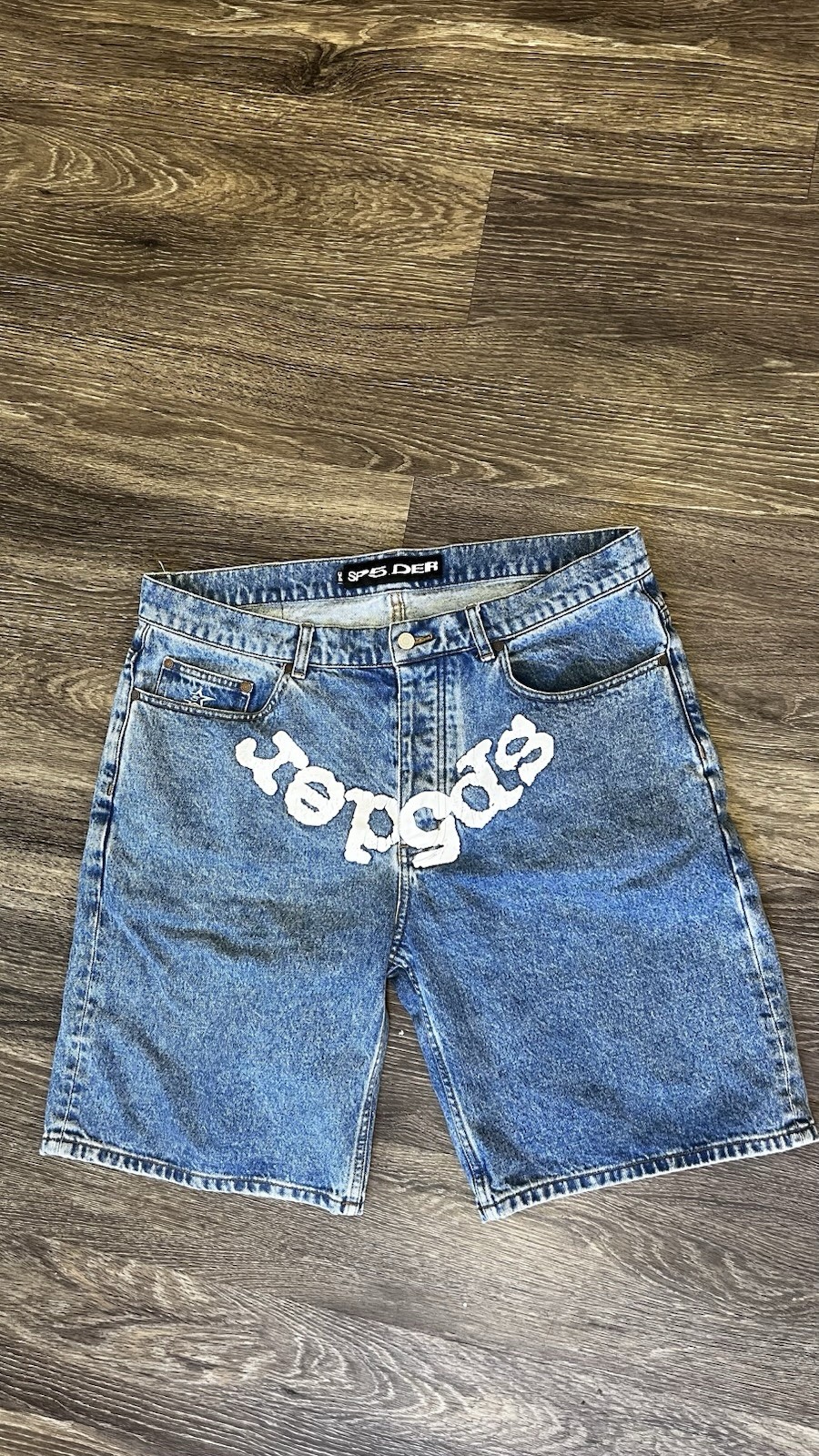 Sp5der OG Logo Denim Short In “Blue Denim” Sz 34 Pre-Owned