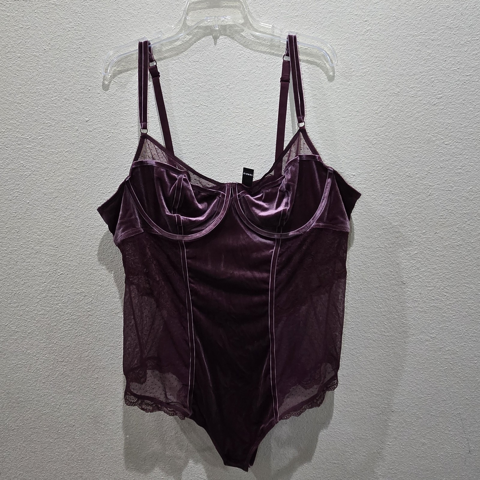 Torrid Velour Lace Trim Bodysuit Lingerie Burgundy Sheer Lace Panel 4X Plus-size