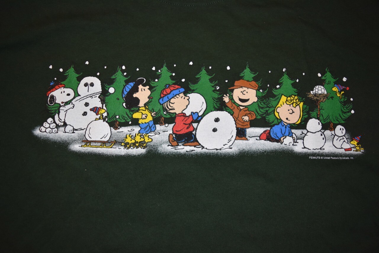 NWT VTG 1990s Peanuts Snoopy Charlie Brown Winter Xmas Snowman T Shirt Green XL