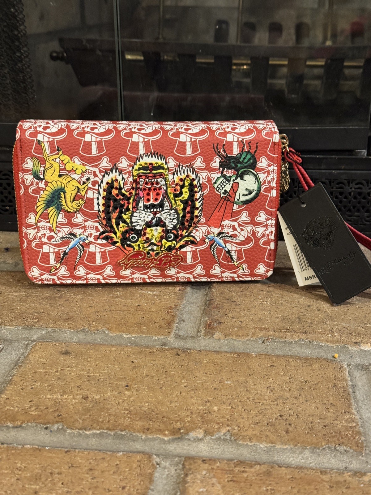 NWT Ed Hardy Double Zip Around Wristlet - Skulls & Screaming Tiger - Red
