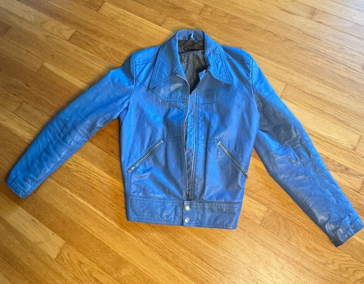 Vintage 70s Womens Blue Leather Jacket Small S Lightning Zipper Cuffs Fitted