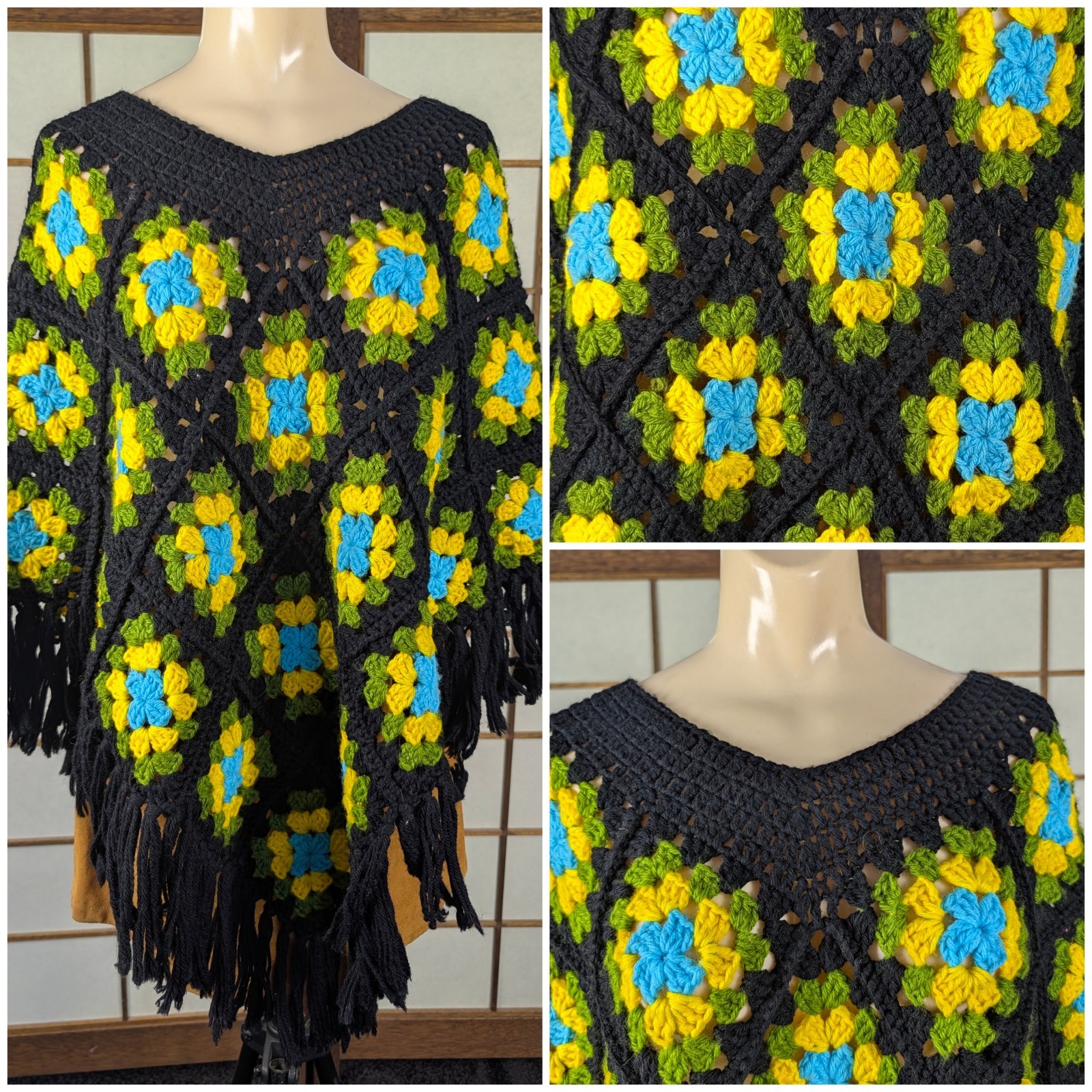 Vtg 70s Handmade Crochet Granny Square Poncho Black Floral Fringe Boho Festival