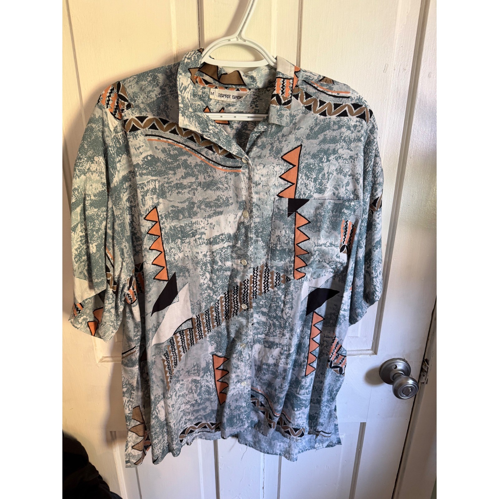 Vintage Esprit Sport Mens Medium Abstract Geometric Print Button Down Shirt Blue