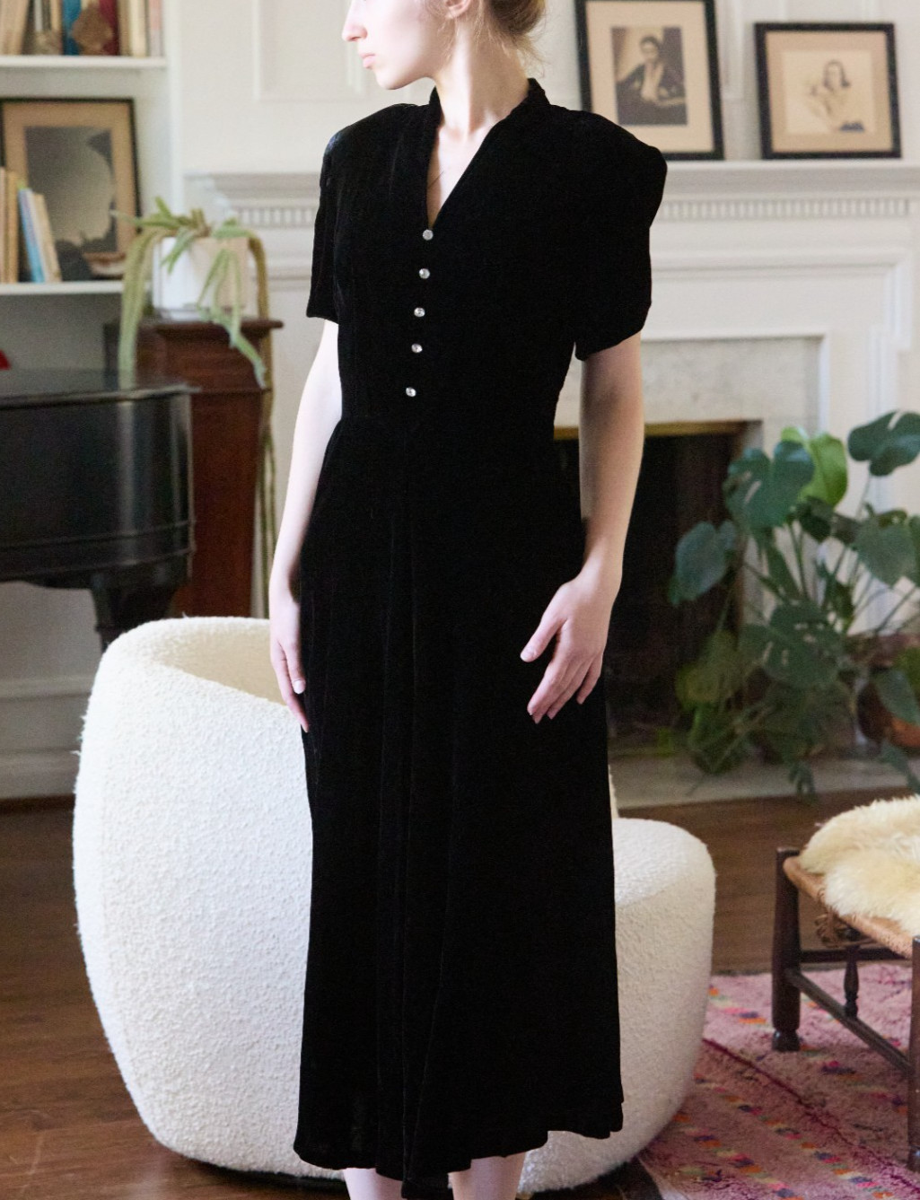 Vintage 30s 40s Handmade S Silk Velvet Dress Black Bias Cut