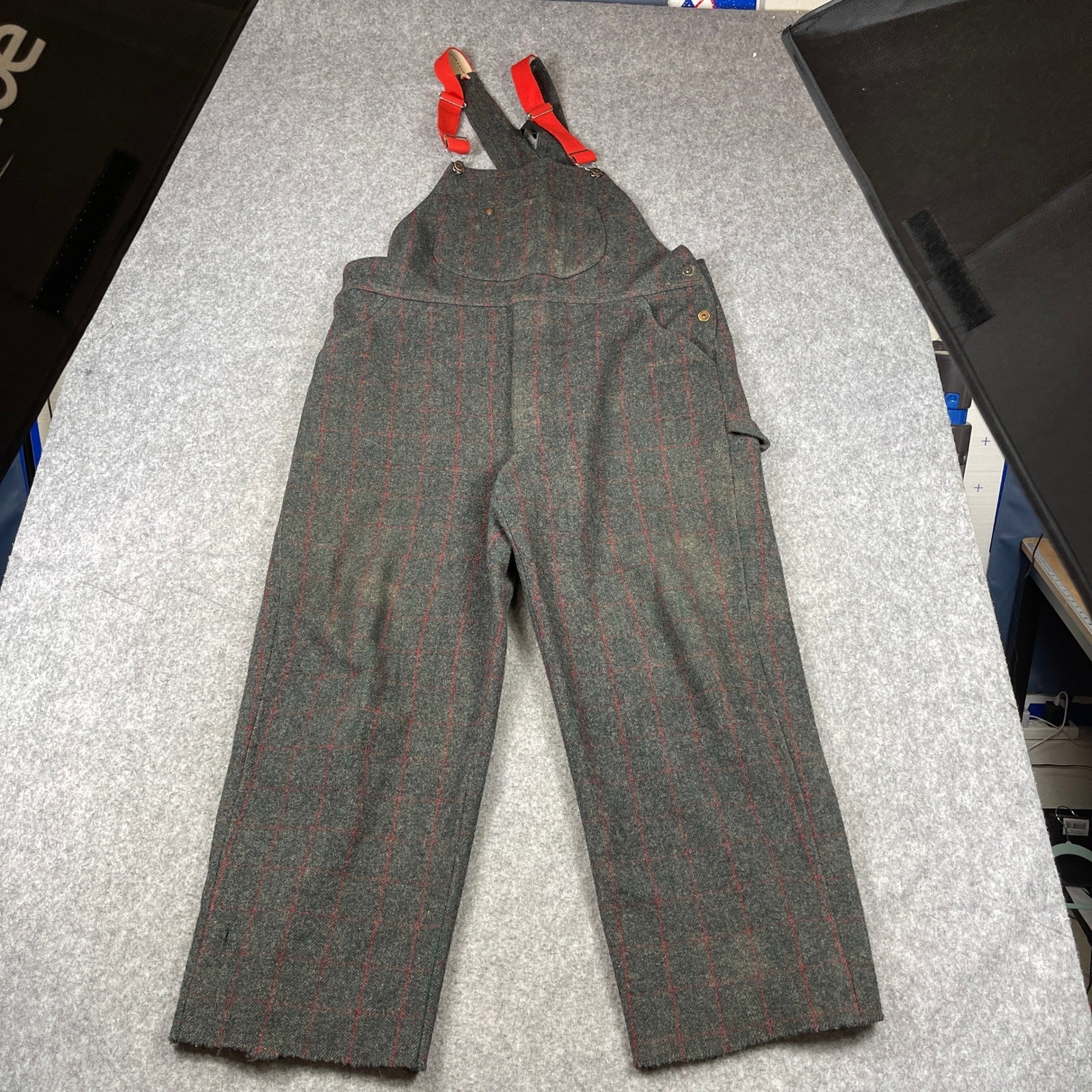 Vintage Woolrich Plaid Wool Hunting Overalls Bibs Mens Large Gray Red USA Made