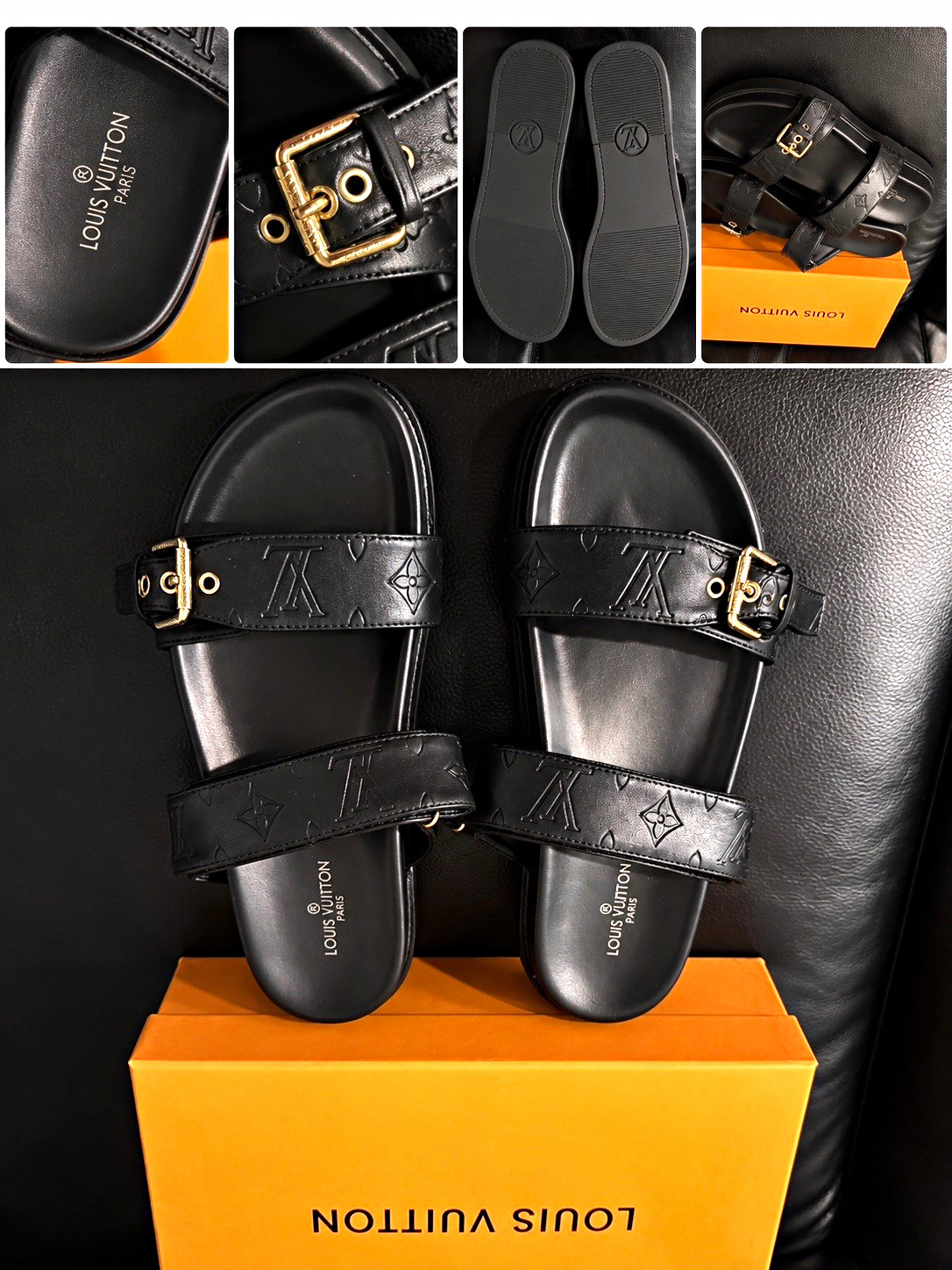 Louis Vuitton Women’s Black Monogram Logo Slide Sandals Buckle Strap US 8.5