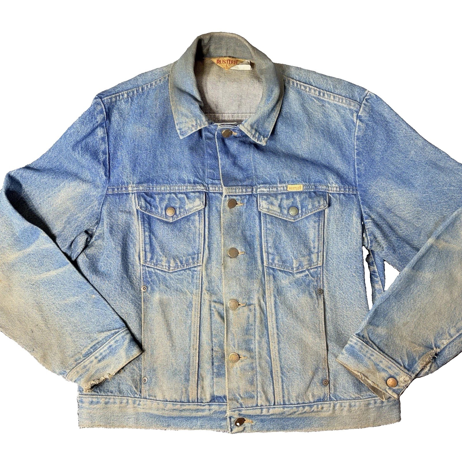 VTG 80s Rustler Denim Trucker Jacket Mens L USA Thrashed Distressed Grunge Faded
