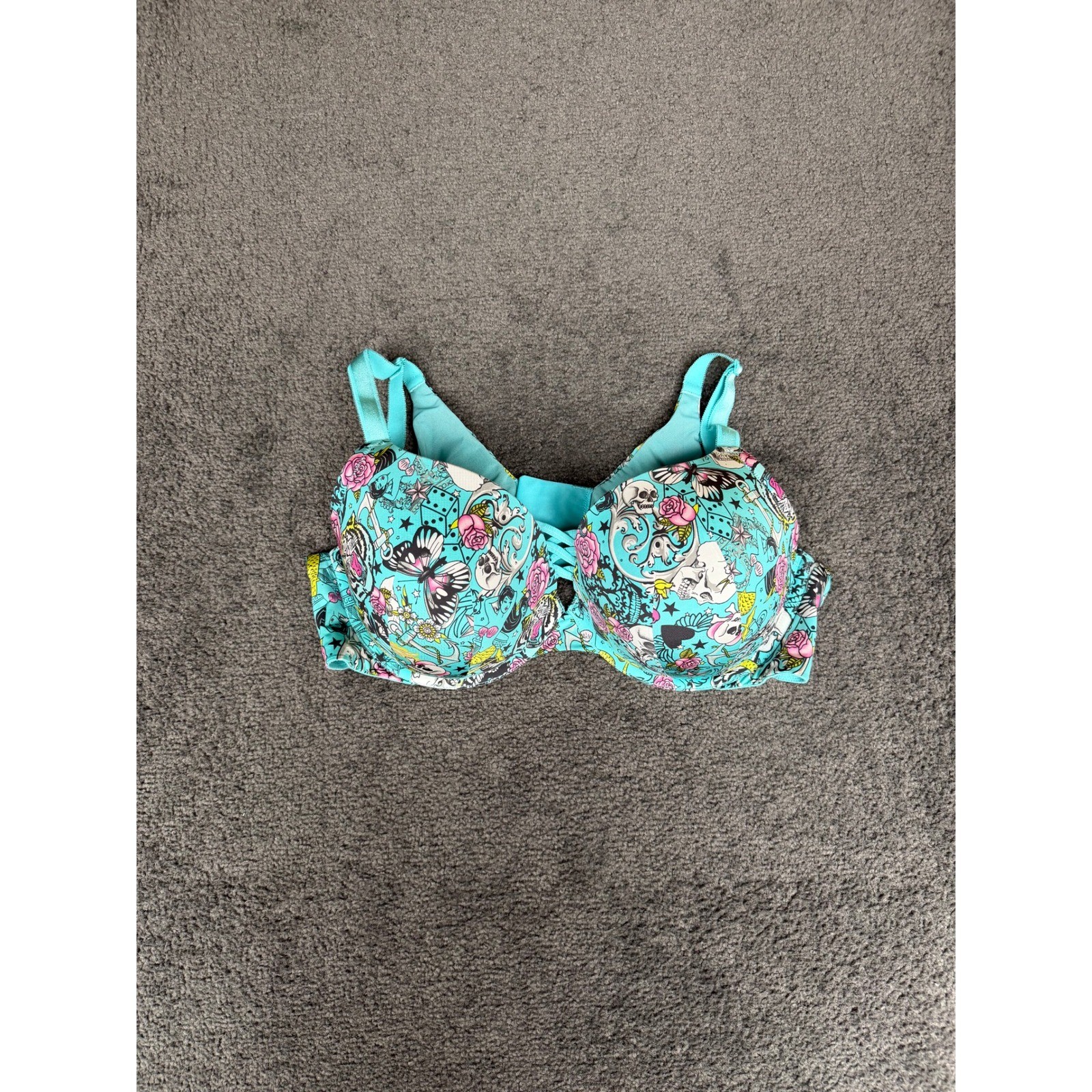 Torrid Curve Tattoo Print Push Up Bra 44D Teal Skull Mermaid Rose Lace Up