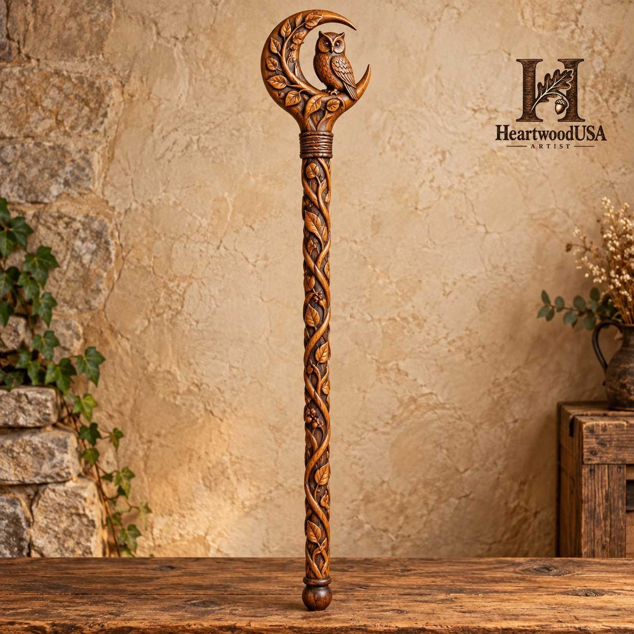 HAND CARVED OWL & CRESCENT MOON WOODEN WIZARD STAFF – 70 INCH