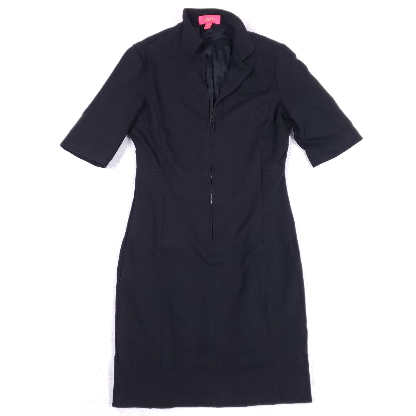 LAVIA18 Piazza Sempione Black Zip Front Sheath Dress Size 40 Mid Century Modern