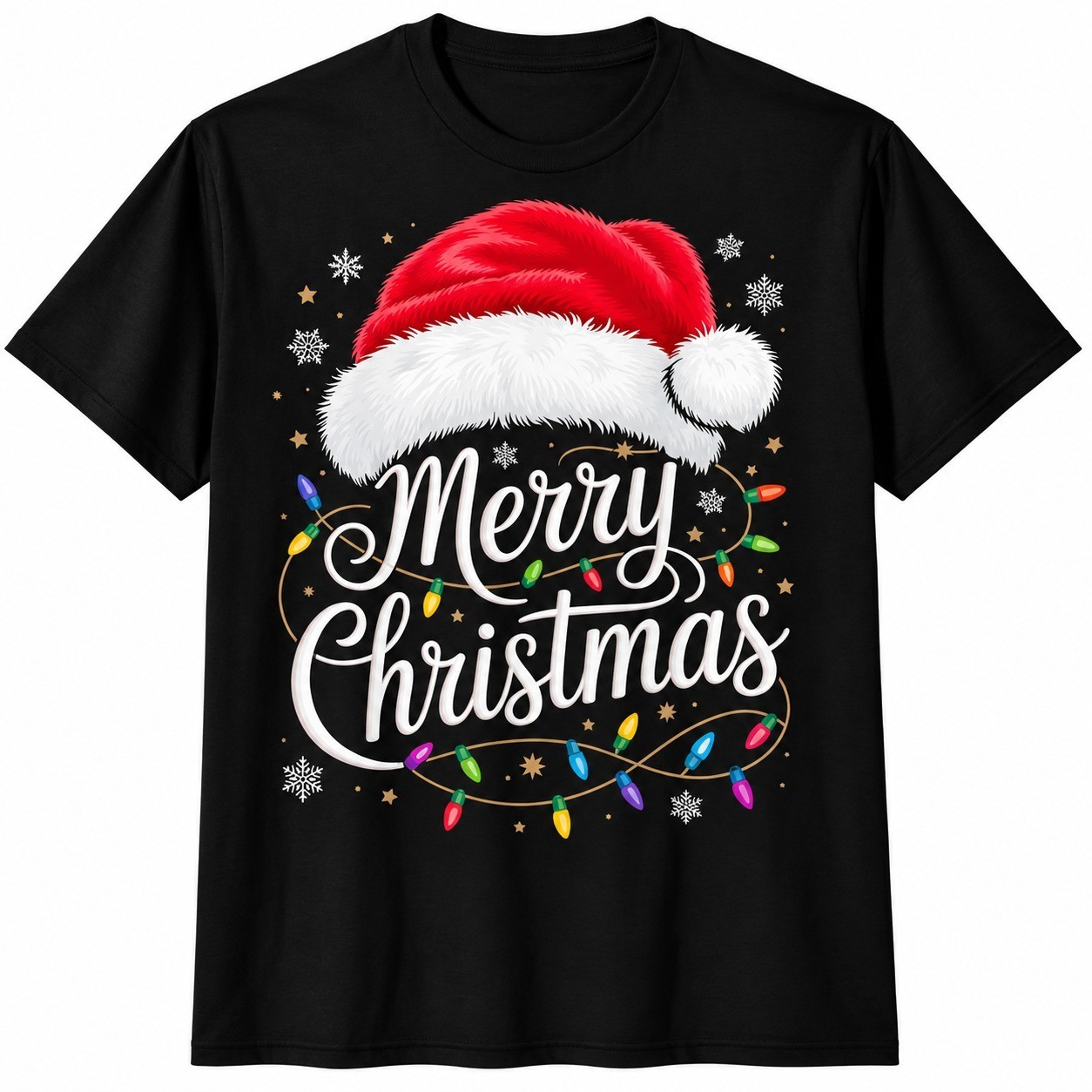 Merry Christmas Shirt Santa Hat Christmas Lights Holiday Xmas Graphic Tee