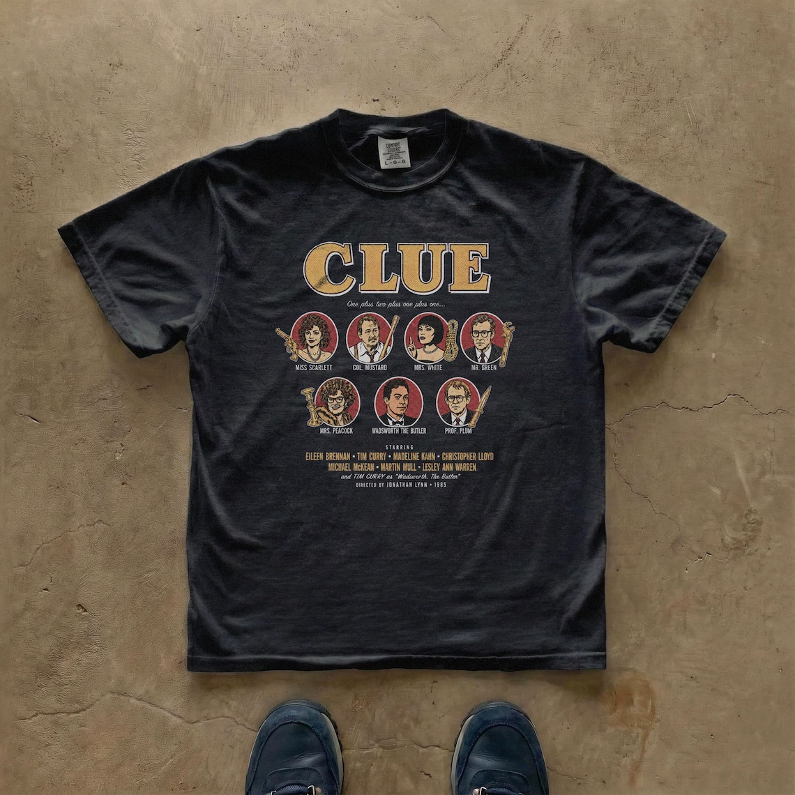 Suspects & Weapons Graphic T-Shirt, Clue 1985 Vintage Board Game Retro Tee