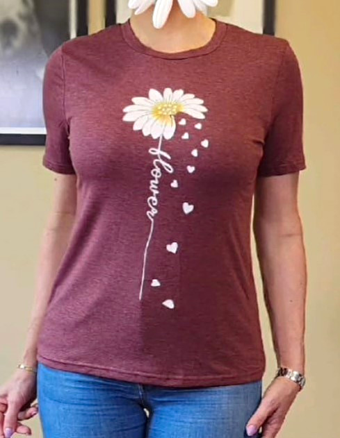 Women\'s Burgundy Crew Neck Short Sleeve Knit Graphic Daisy Flower T-Shirt L