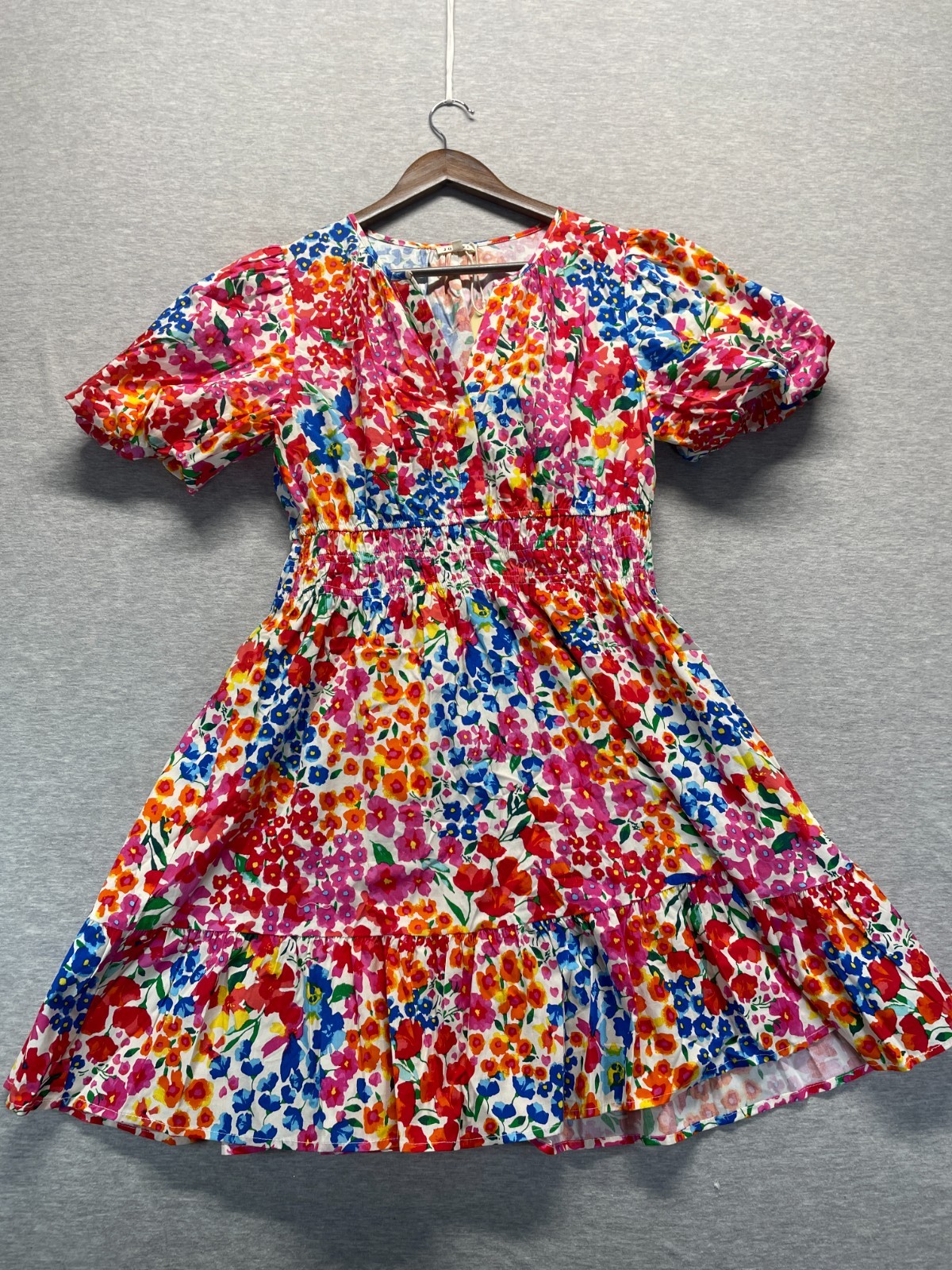 Jodifl Mini Dress Women Medium Multi Floral Print Smocked Puff Sleeve Split Neck