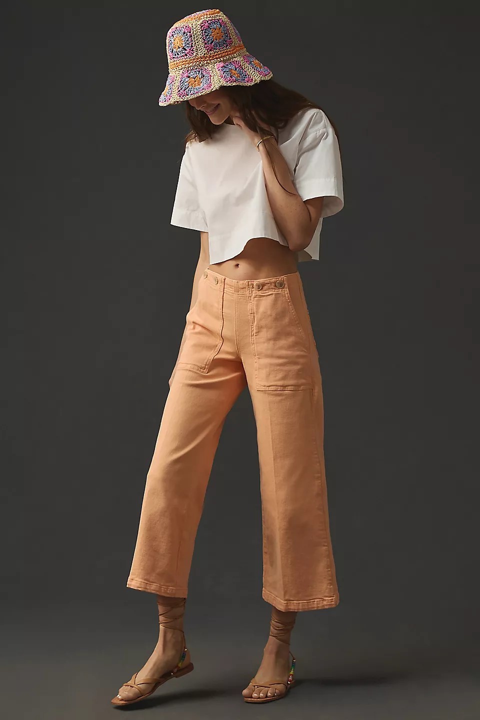 Pilcro The Kit Cropped High-Rise Wide-Leg Trouser Jeans Peach 16W NWOT