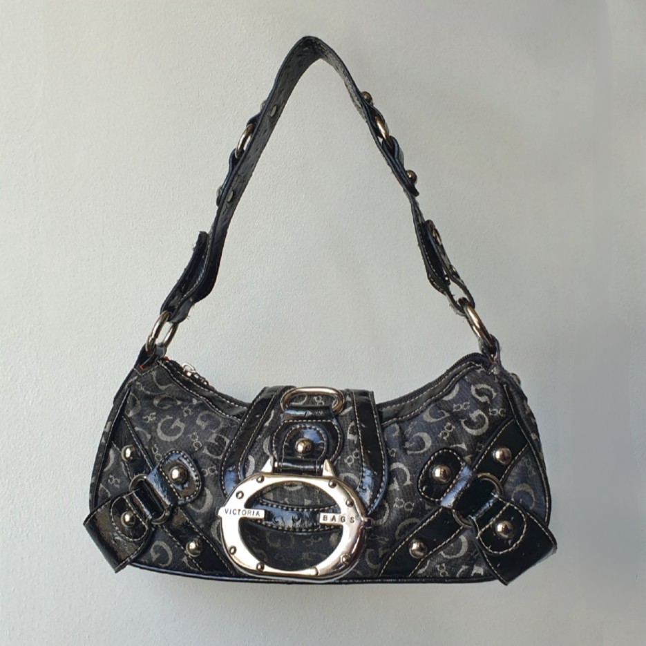 VINTAGE Y2K Shoulder Bag with Studs 00s Biker Grunge Streetwear Glam-Rock Denim