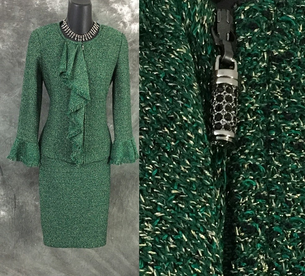 BEAUTIFUL st john evening knit green Black gold shimmer skirt suit size 2 4