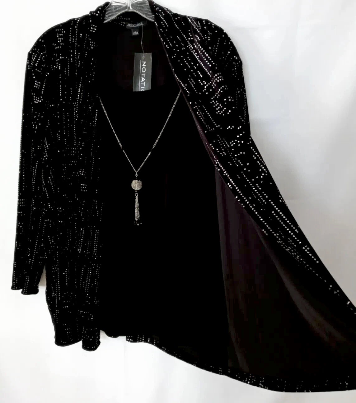 Notations Top L Black Sparkle Velveteen Stretch Knit 2-Fer Shirt & Necklace NWT