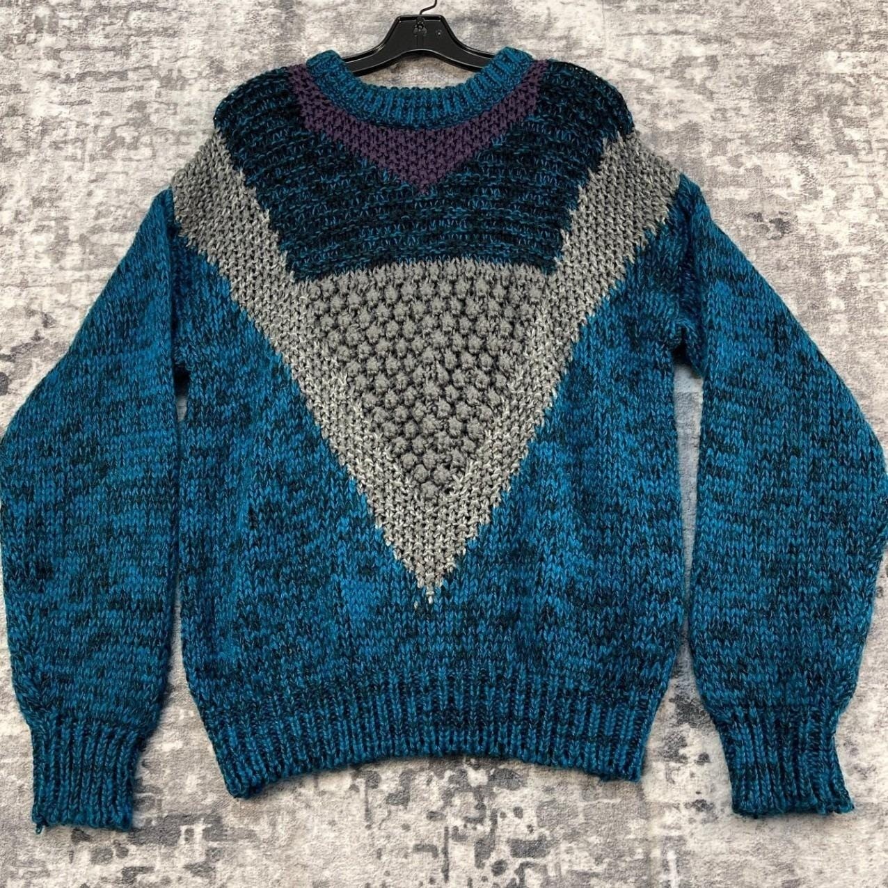 Vtg Sears Roebuck Men\'s M Hand Knit Chunky Geometric Sweater Blue 80s Academia