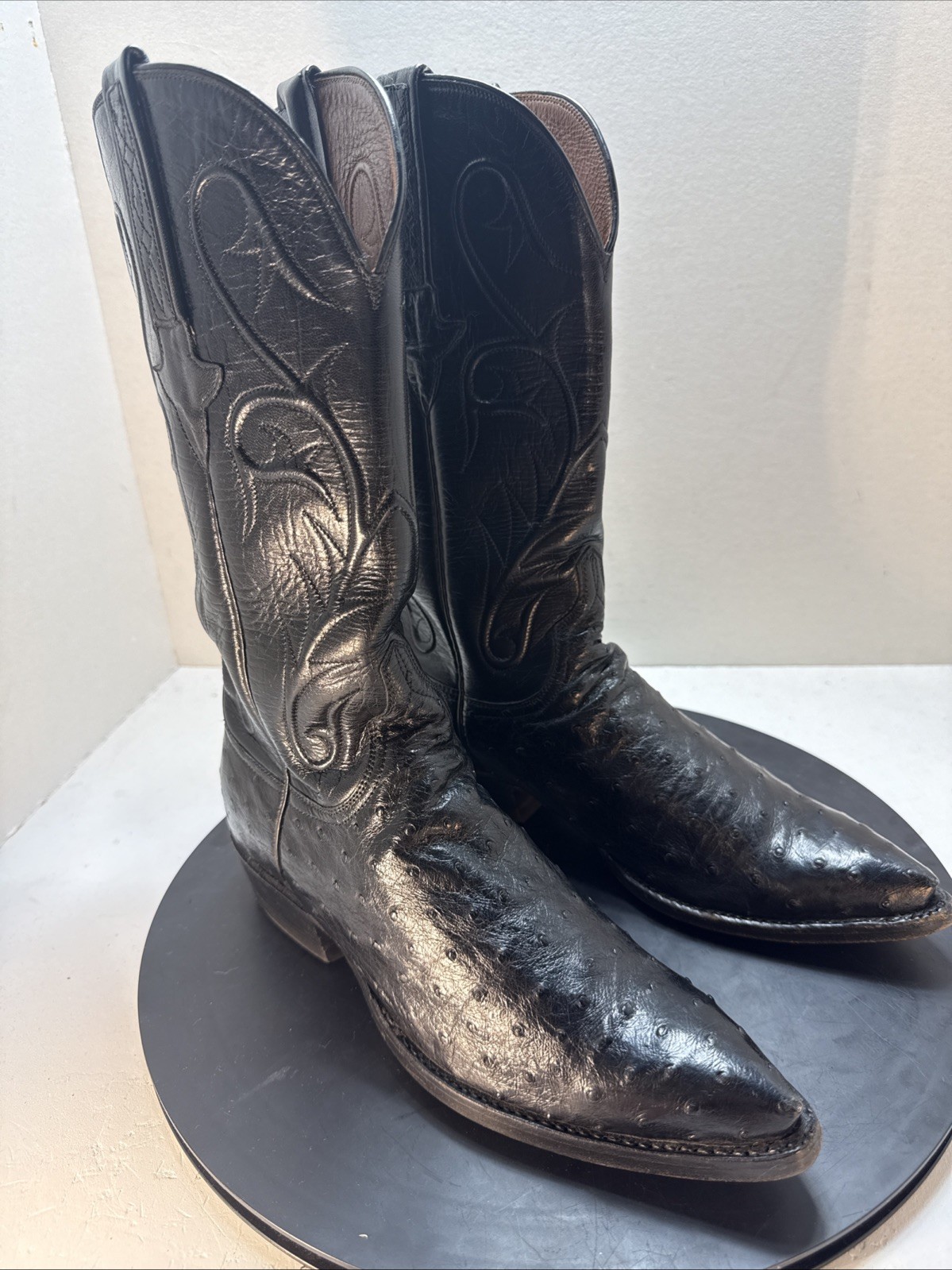 VTG Lucchese C7684 Black Full Quill Ostrich Cowboy Boots Mens 7 B J-Toe USA