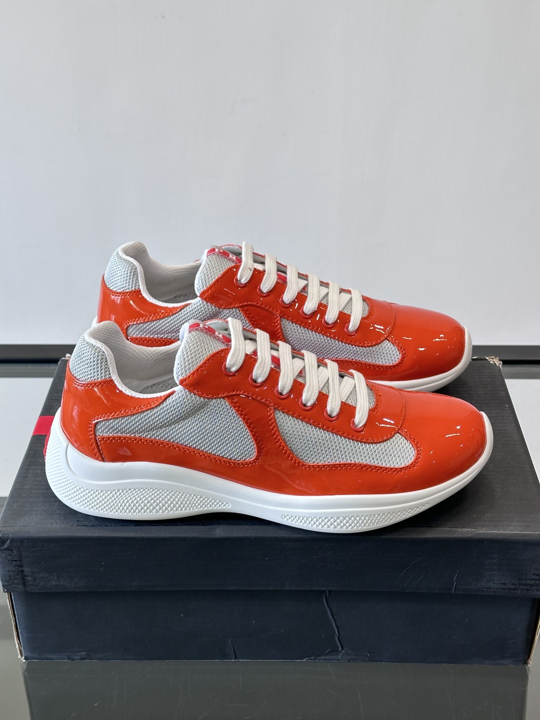 Prada America's Cup Men Orange Patent Leather & Mesh Lace-Up Sneakers White Sole
