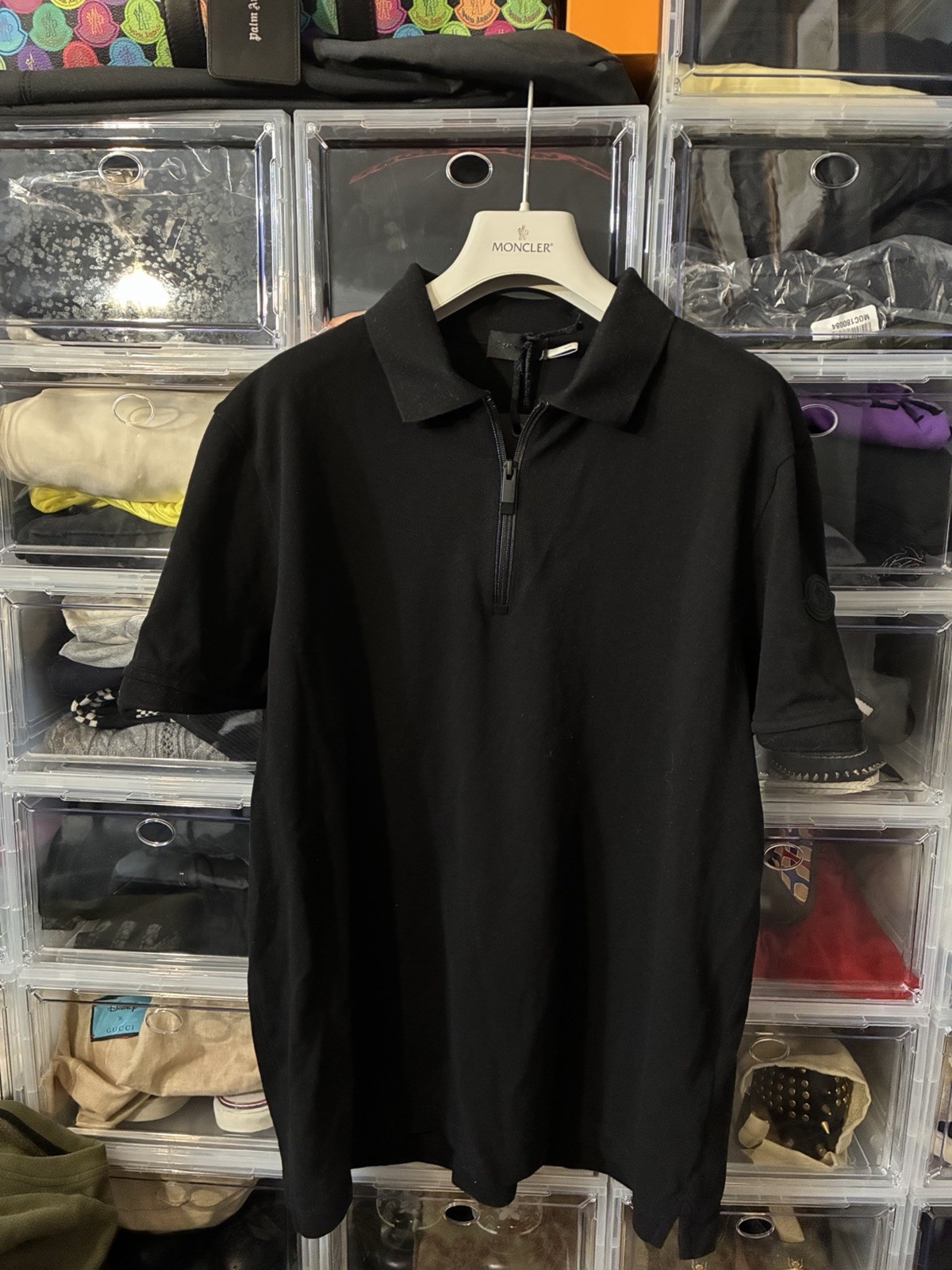 Rare Moncler Polo Quarter Zip Black Reflective Tricolor Zipper 2XL $795