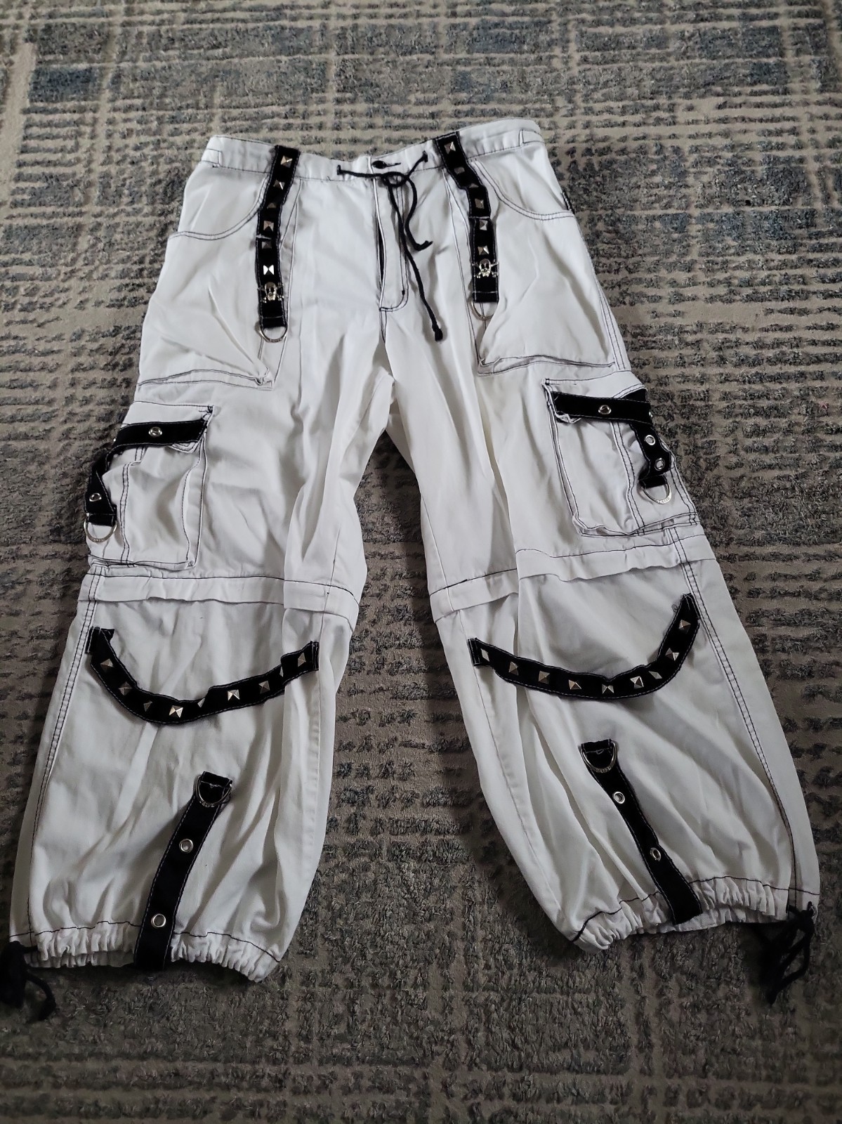 Vtg Y2k Tripp NYC White/Black  Cargo Pants Gothic Punk Grommet Strap Wide Sz XL
