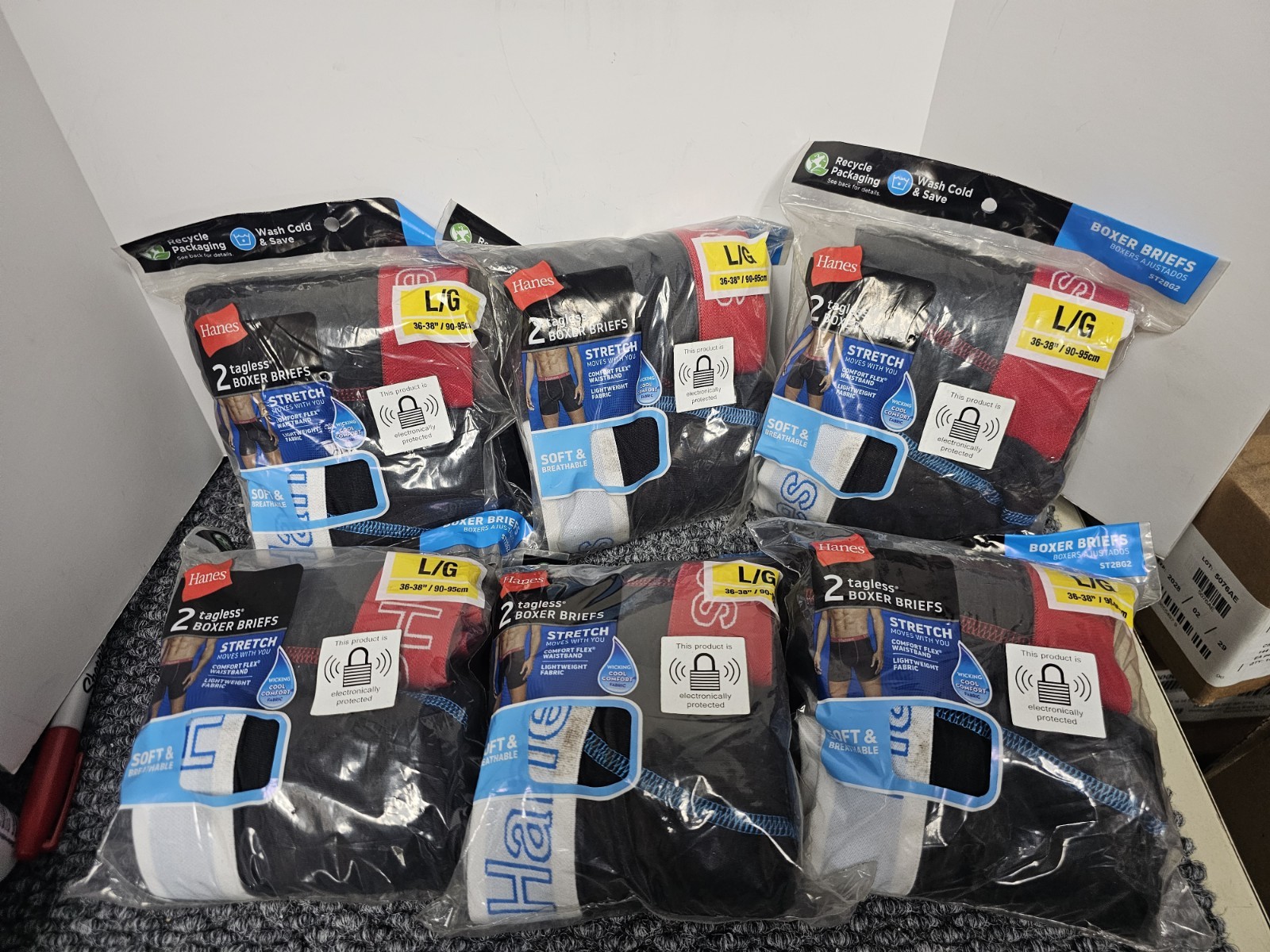 6 X HANES 2 PK TAGLESS STRETCH BOXER BRIEFS SZ LG 36 -38\