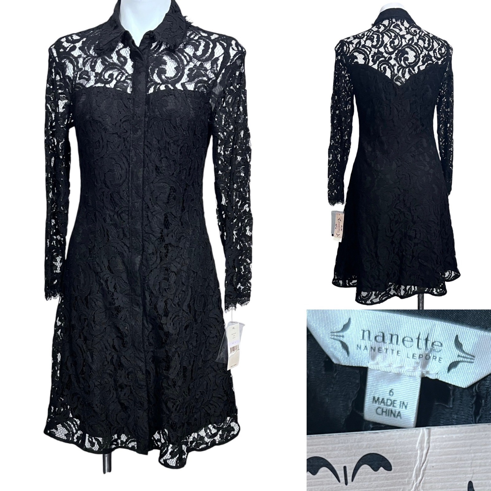 Nanette Lepore dress 6 Black Floral Lace Long Slv fall office business church