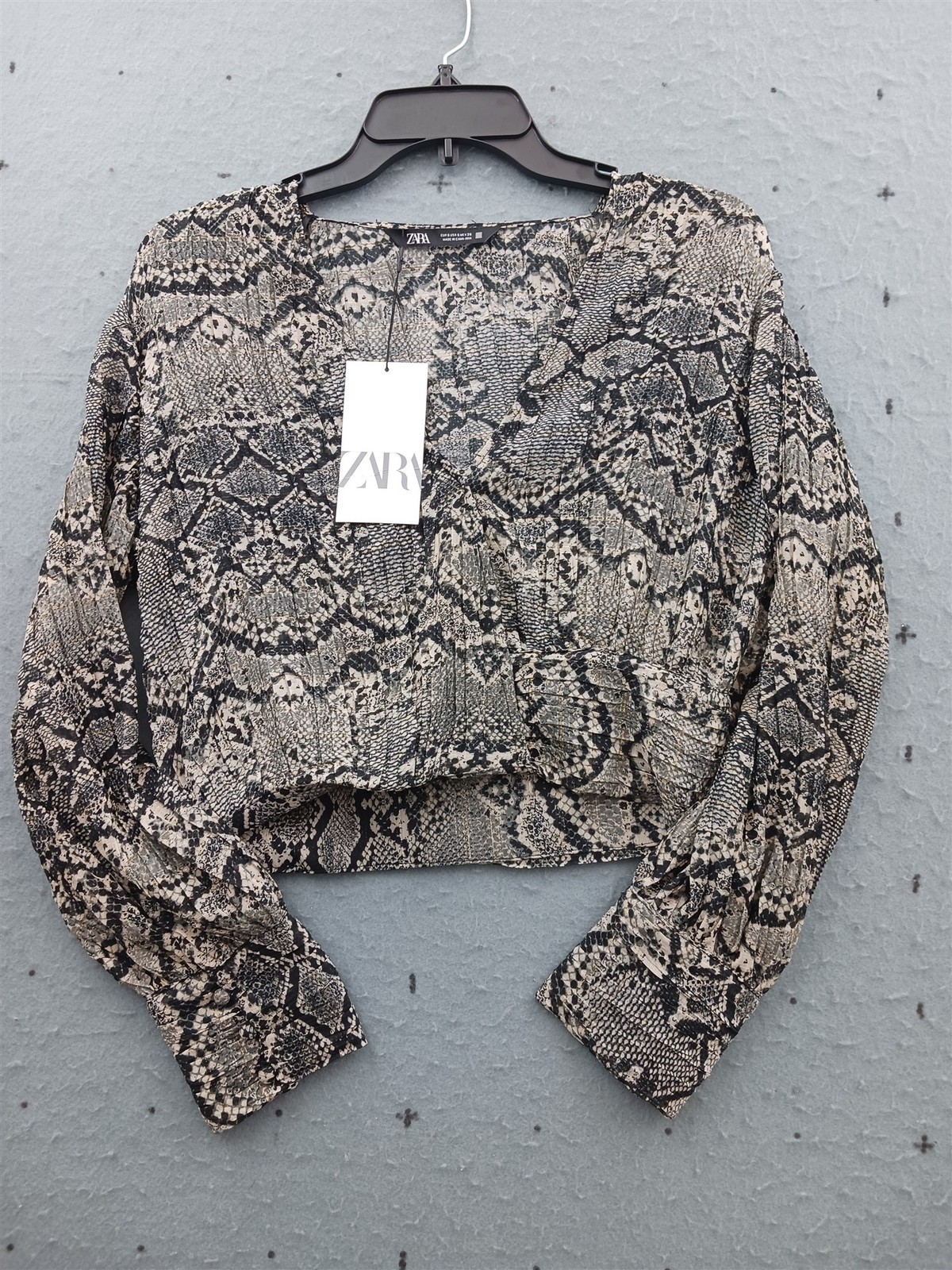 Zara Women Size S Snakeskin Pleated Wrap Crop Top Metallic Balloon Sleeve NWT