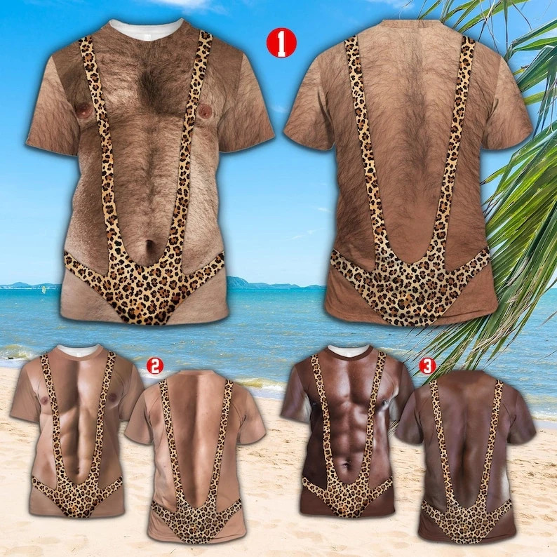 3D Hairy Muscle Body T Shirt, Funny Mankini Illusion Tee, Leopard Print Costume