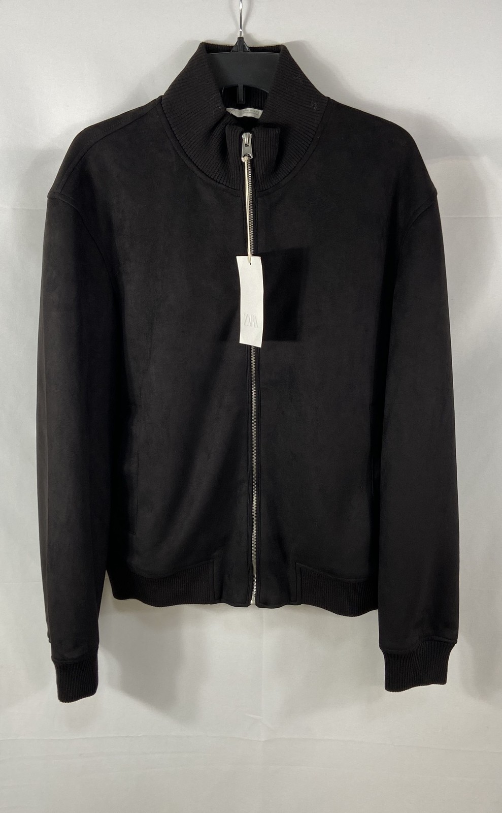 Zara Men\'s Black Faux Suede Bomber Jacket Full Zip Ribbed Trim NWT Size L